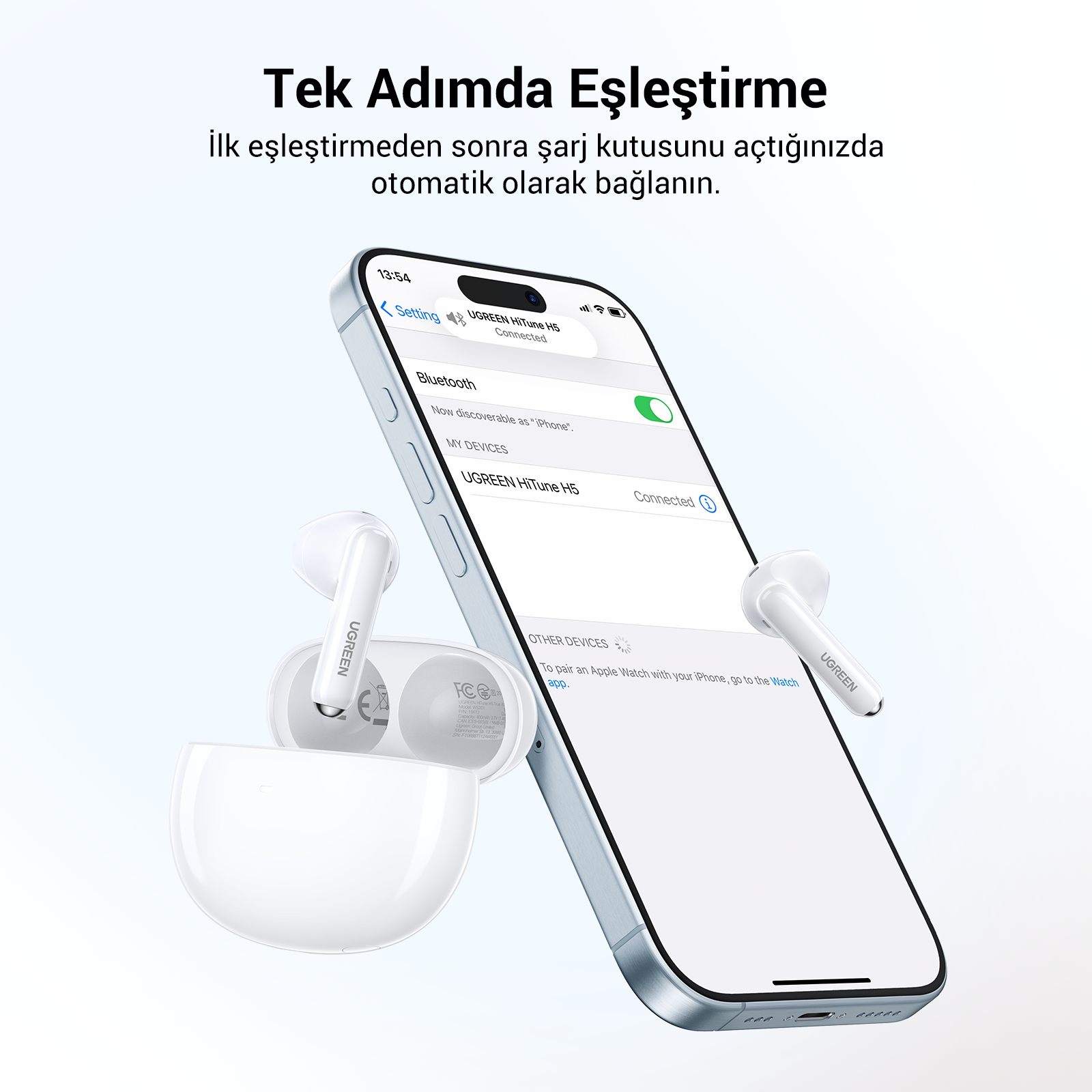 Kablosuz kulaklıklara bağlı bir akıllı telefon. Telefon ekranı, bağlı durumunu gösterir.