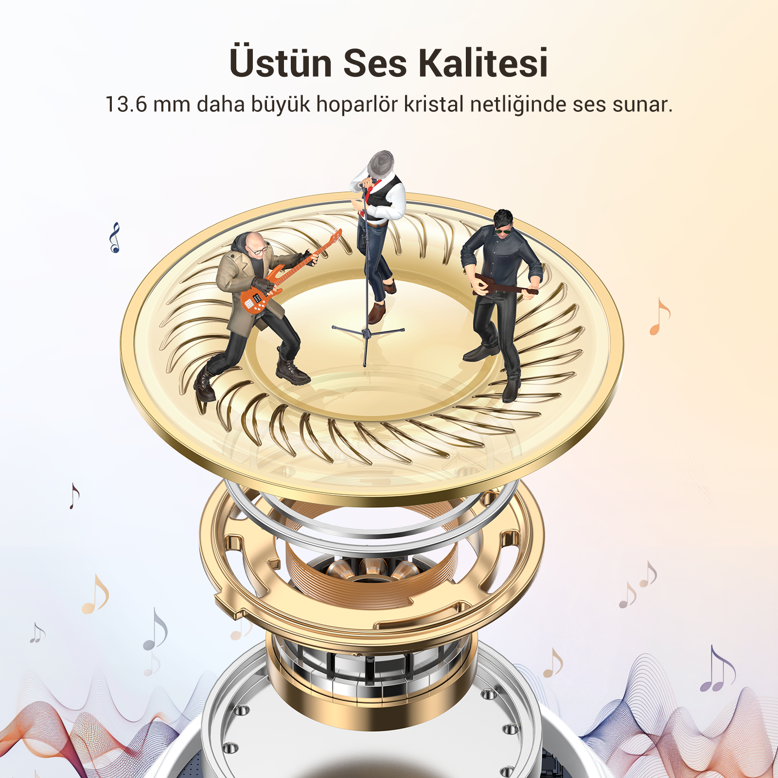 Altın bir ses cihazında üç müzisyen.