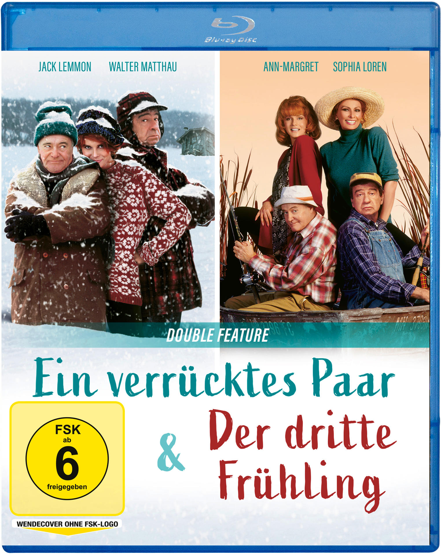 DVD-Cover. Zwei Filme. Männer und Frauen. Blauer Hintergrund.