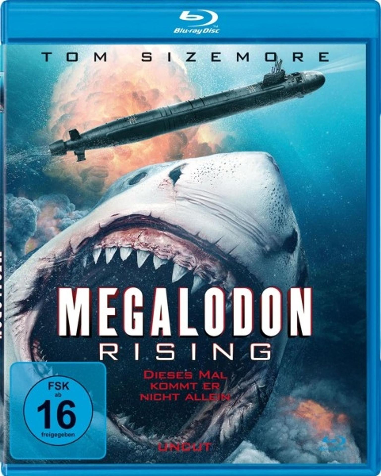 Blu-ray-Cover zeigt einen Hai, der ein U-Boot angreift. Titel: Megalodon Rising.