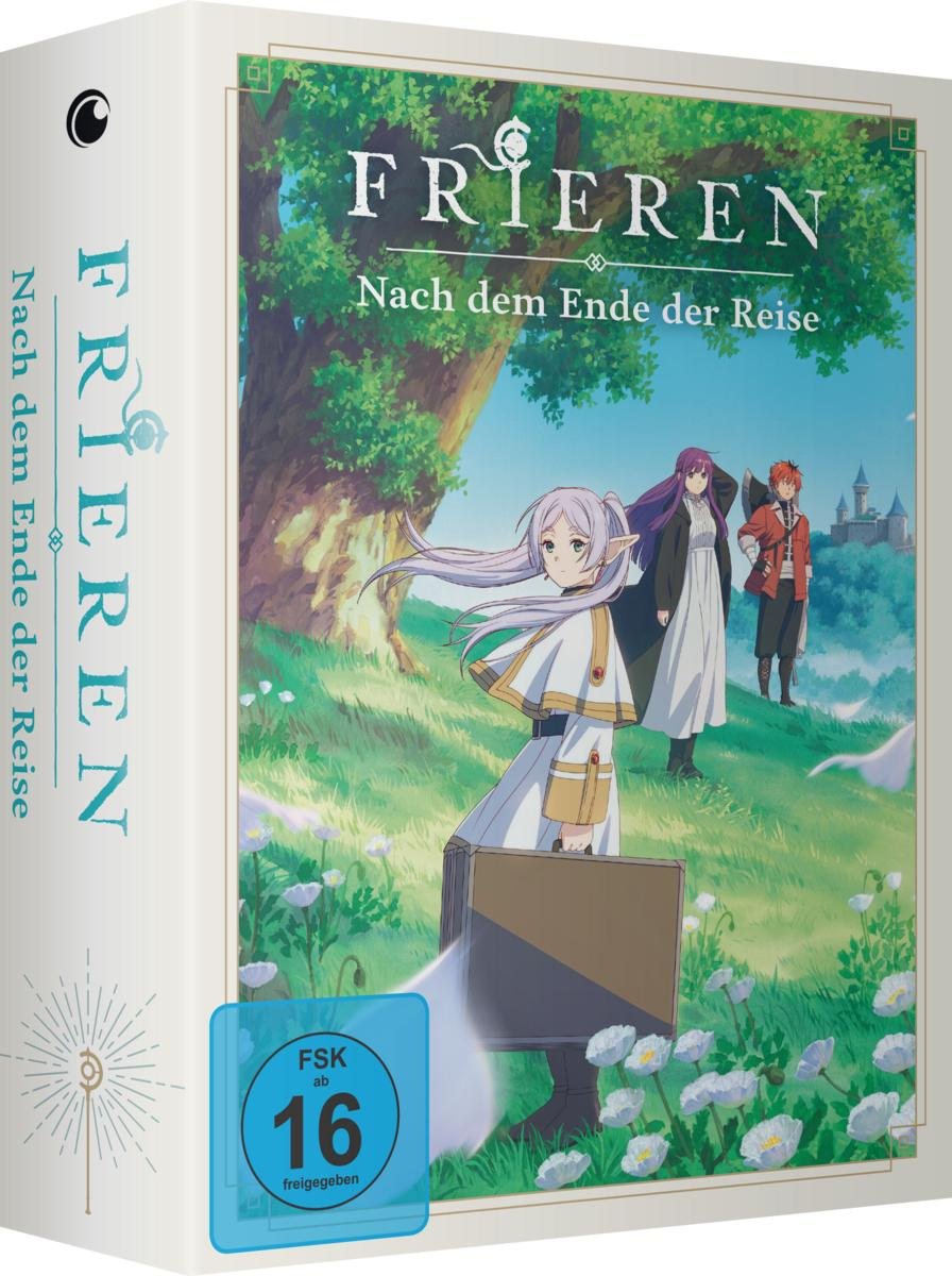 DVD-Box-Set von 'Frieren', mit Figuren auf einem grünen Feld und einer Burg im Hintergrund.
