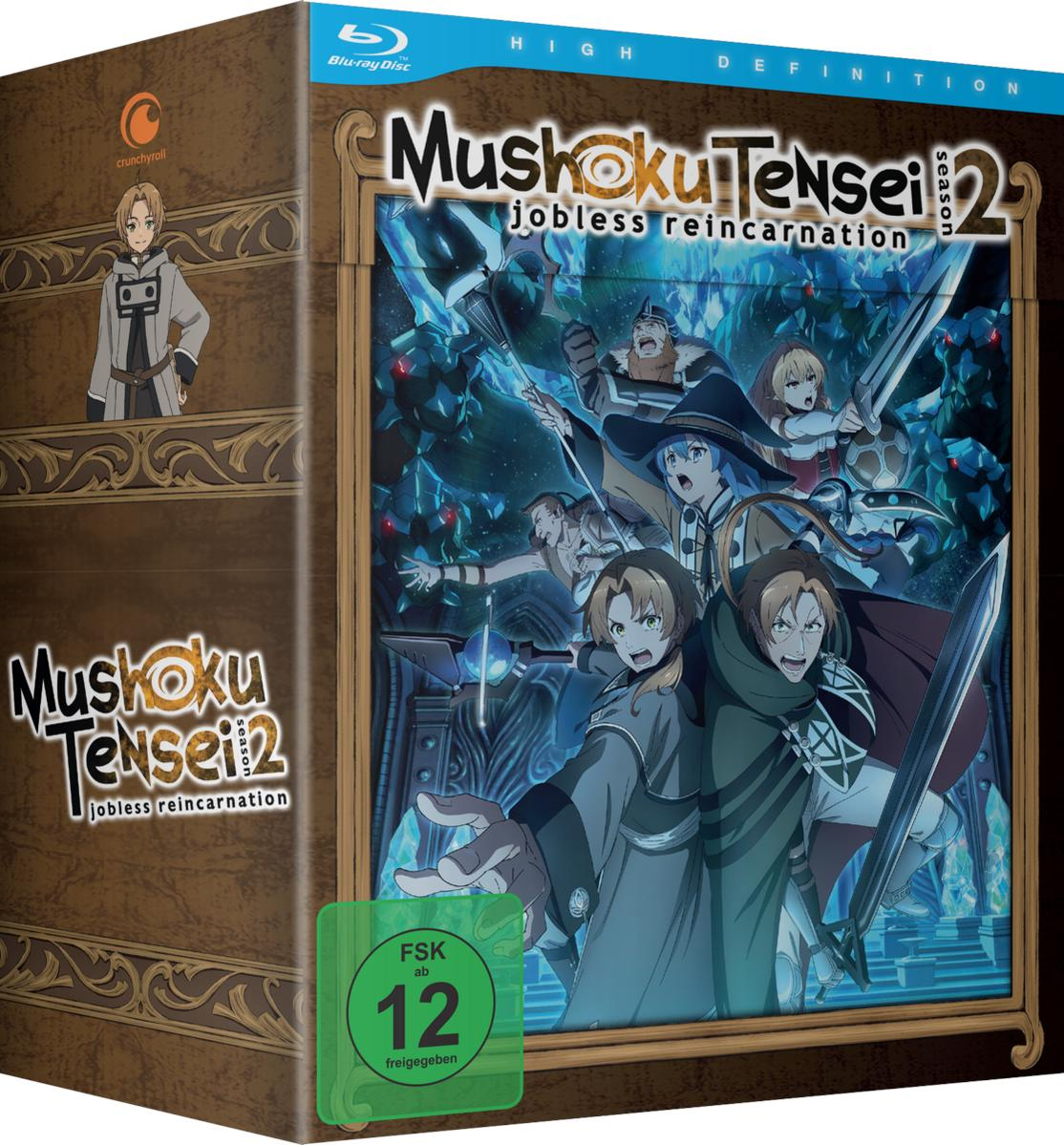 Anime-Box-Set mit Charakteren aus Mushoku Tensei. Blu-ray Disc, farbenfrohe Kunst.