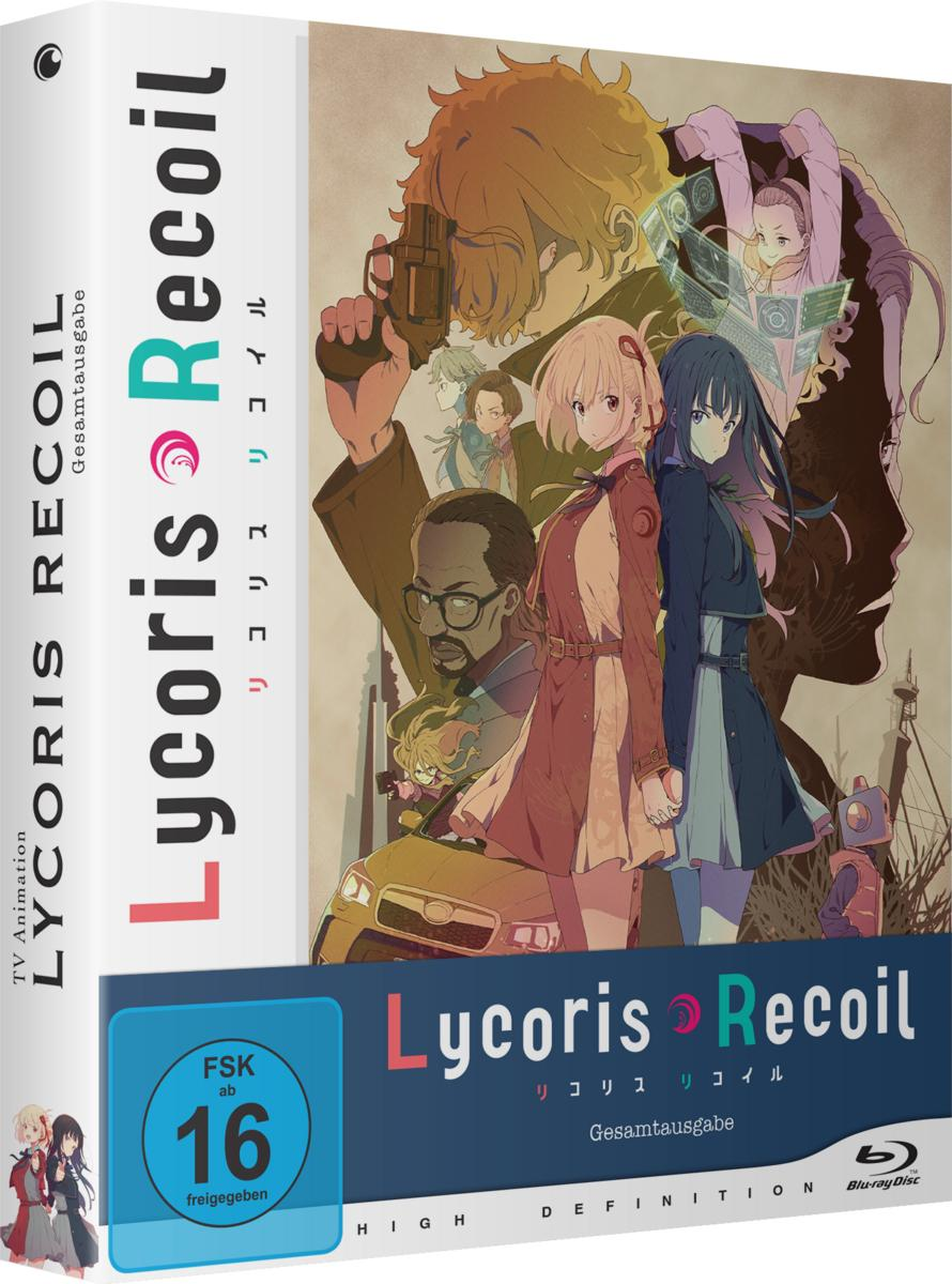 DVD-Cover der Anime-Serie Lycoris Recoil. Zeigt mehrere Charaktere. Der Titel ist rot und weiß.