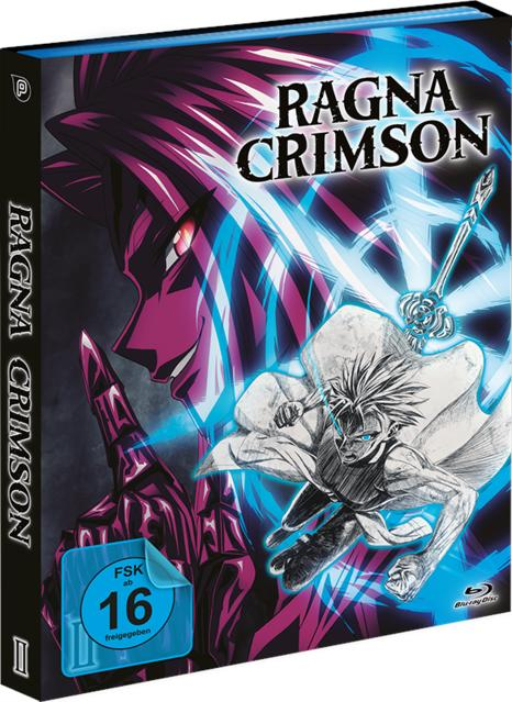Anime Blu-ray Hülle mit Ragna Crimson Logo, Drachen und Kämpfer. FSK 16 Siegel.