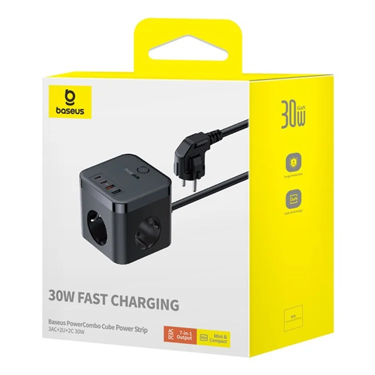 Baseus 30W Fast Charging elosztó, kocka alakú, fekete. Tartalmaz egy tápkábelt.