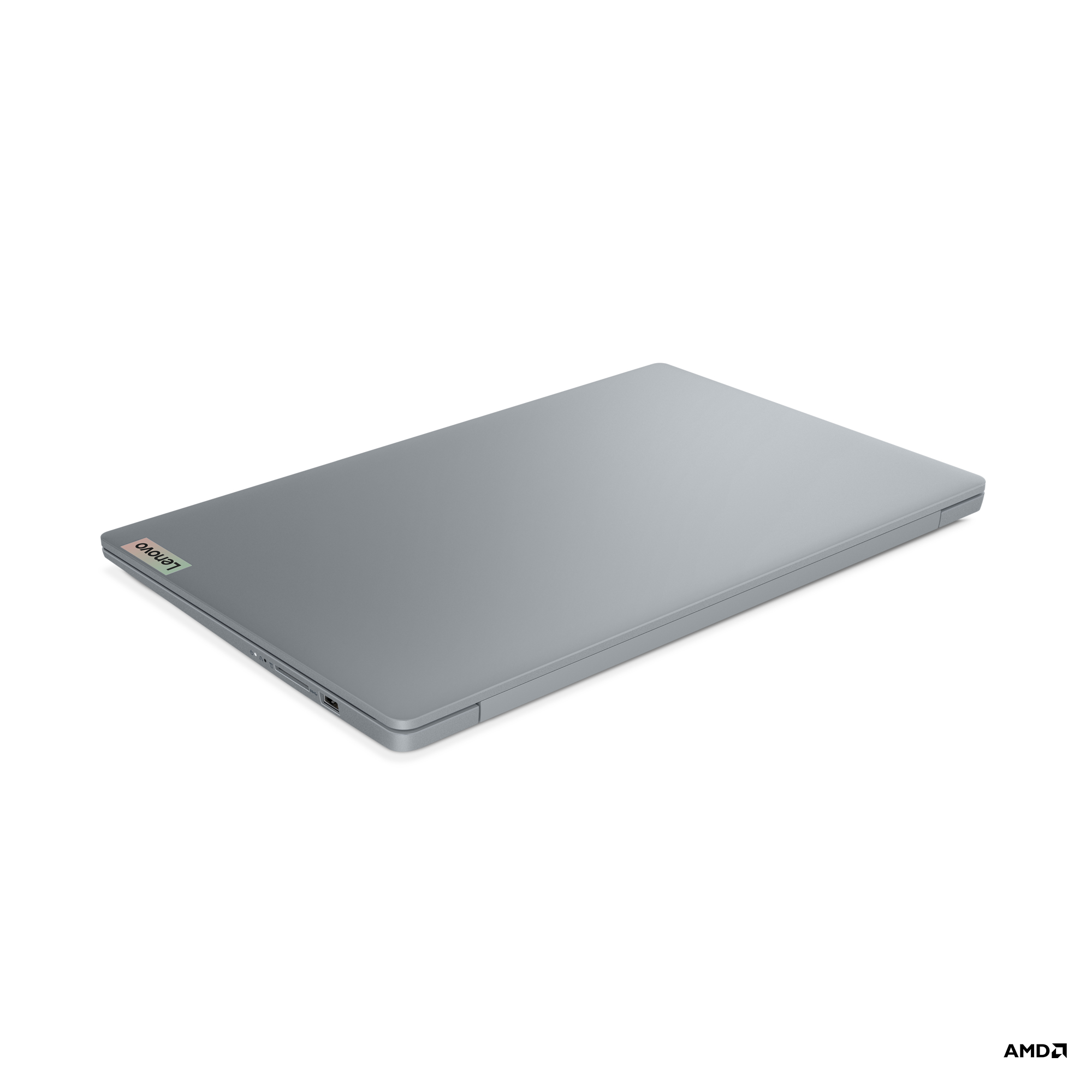 Geschlossener grauer Laptop mit Lenovo-Logo in der Ecke, schräge Ansicht, weißer Hintergrund.
