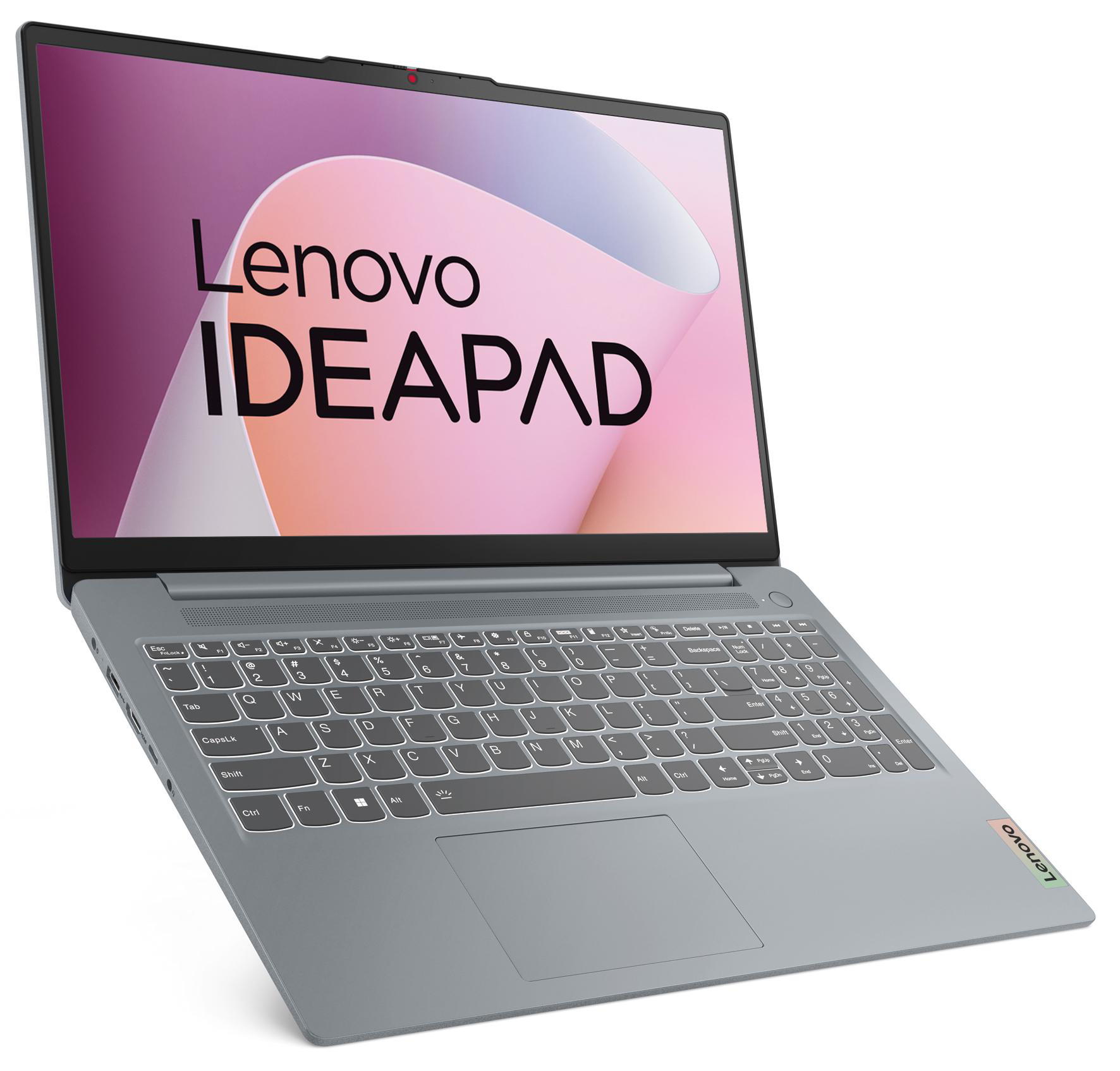 Ein grauer Lenovo IdeaPad Laptop, geöffnet, mit einem rosa-violetten abstrakten Bild auf dem Bildschirm.