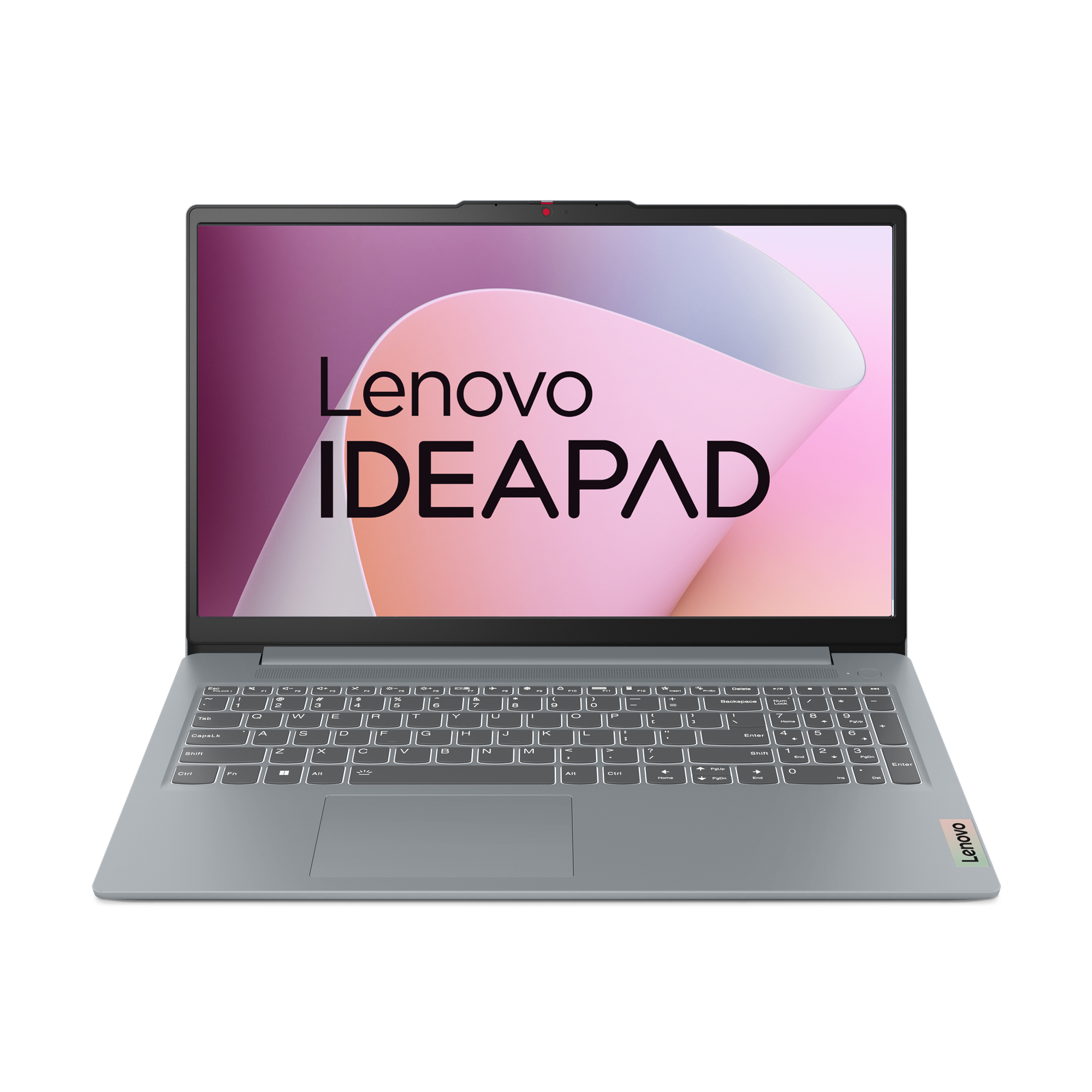 Offener grauer Laptop, Vorderansicht. Bildschirm zeigt Text 'Lenovo IDEAPAD'. Weißer Hintergrund.
