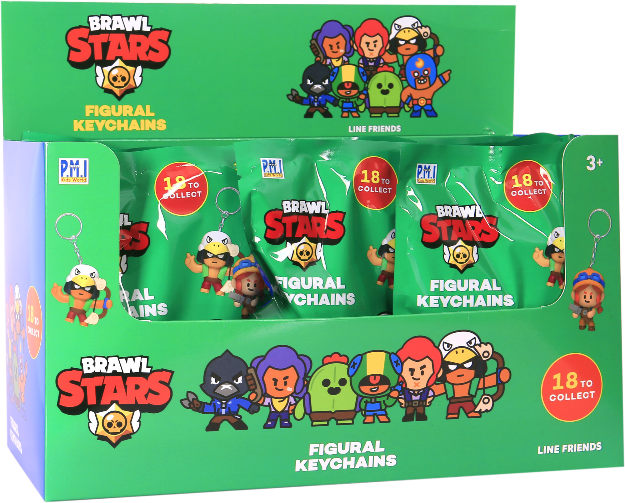 Eine Box mit Brawl Stars-Figur-Schlüsselanhängern, mit verschiedenen Charakteren in versiegelten Verpackungen.