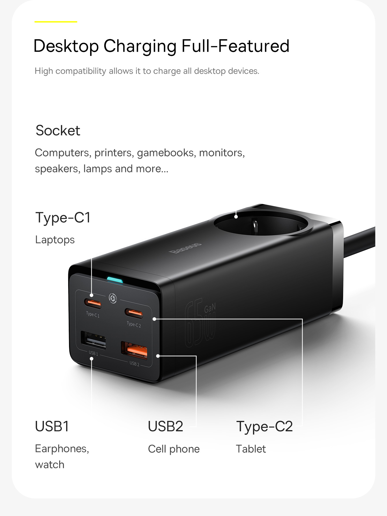 Fekete töltőállomás több porttal. Angol nyelvű szöveg. Fehér háttér. Elemek: USB, C típus.