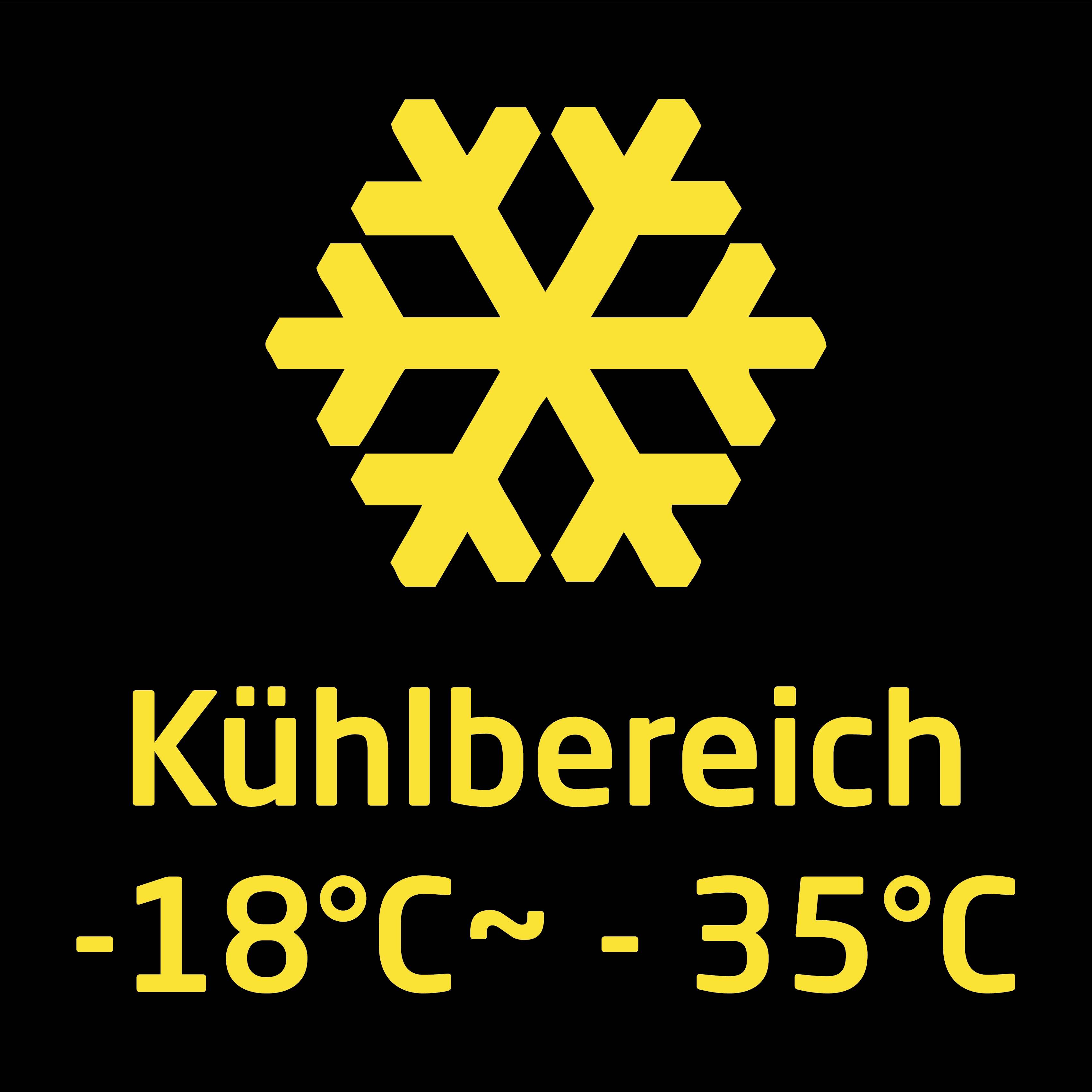 Gelbes Schneeflockensymbol auf schwarzem Hintergrund mit Text darunter.