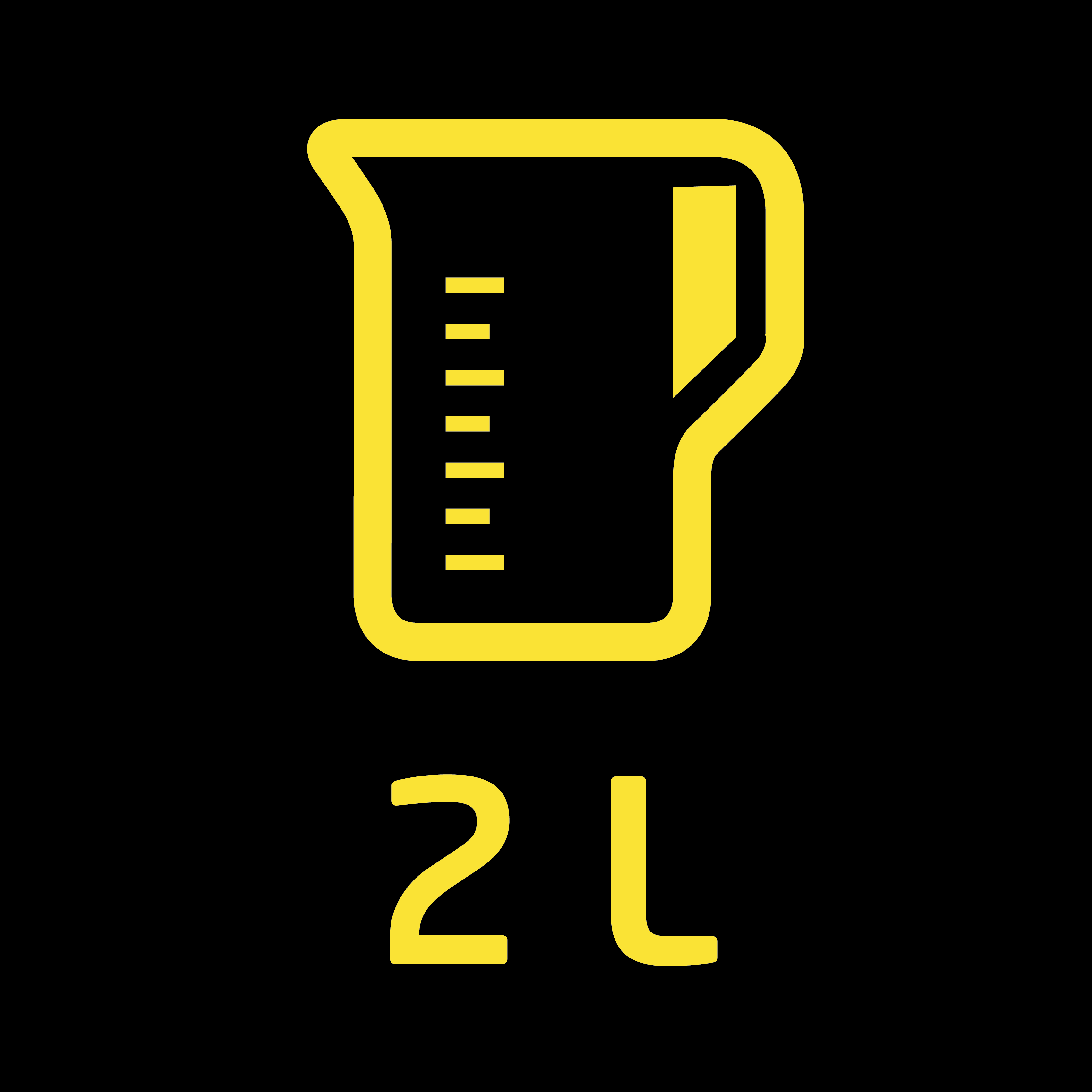 Ein gelbes Messbecher-Symbol mit dem Text '2L' auf schwarzem Hintergrund.