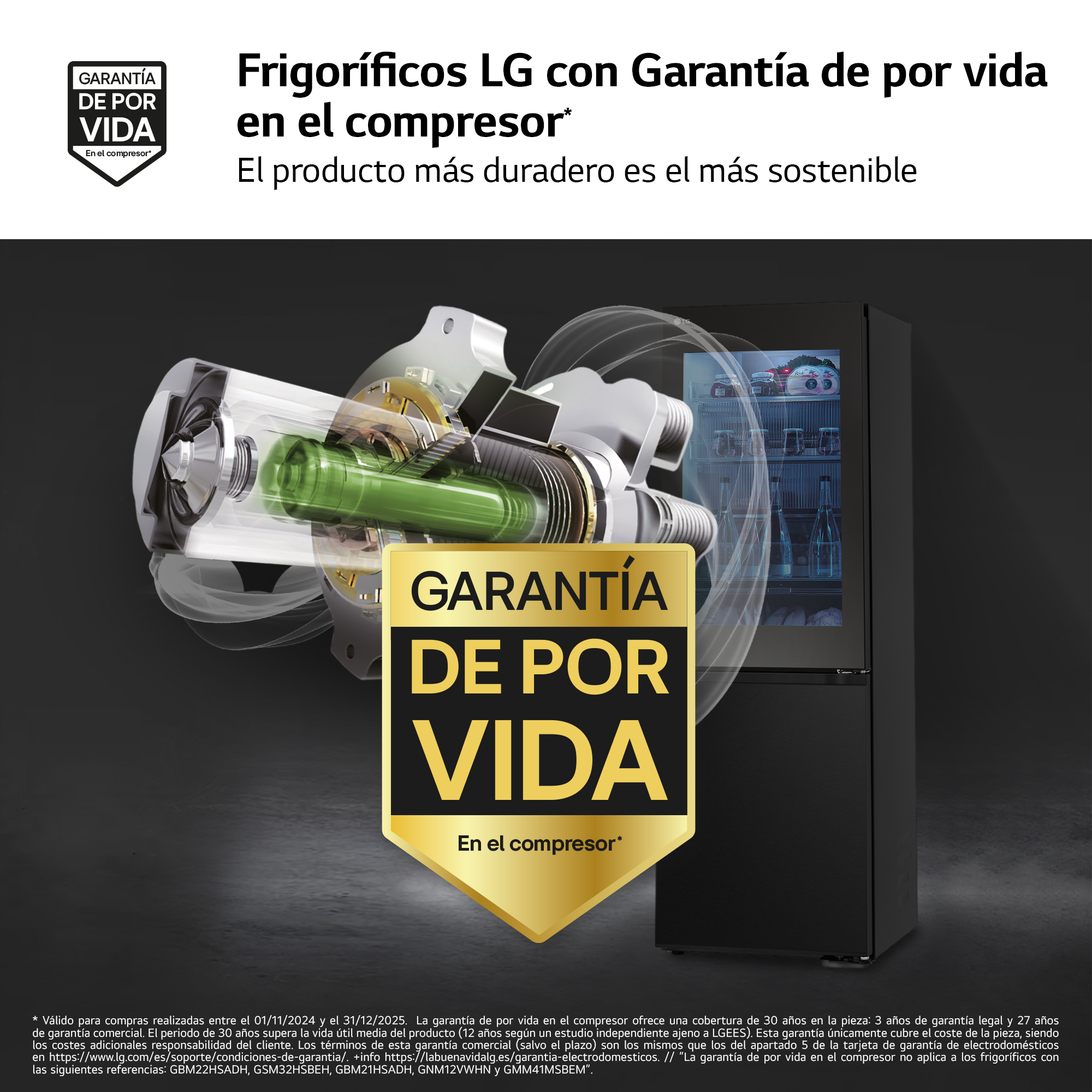 Un anuncio de refrigerador con texto de garantía y una imagen de corte transversal del compresor.