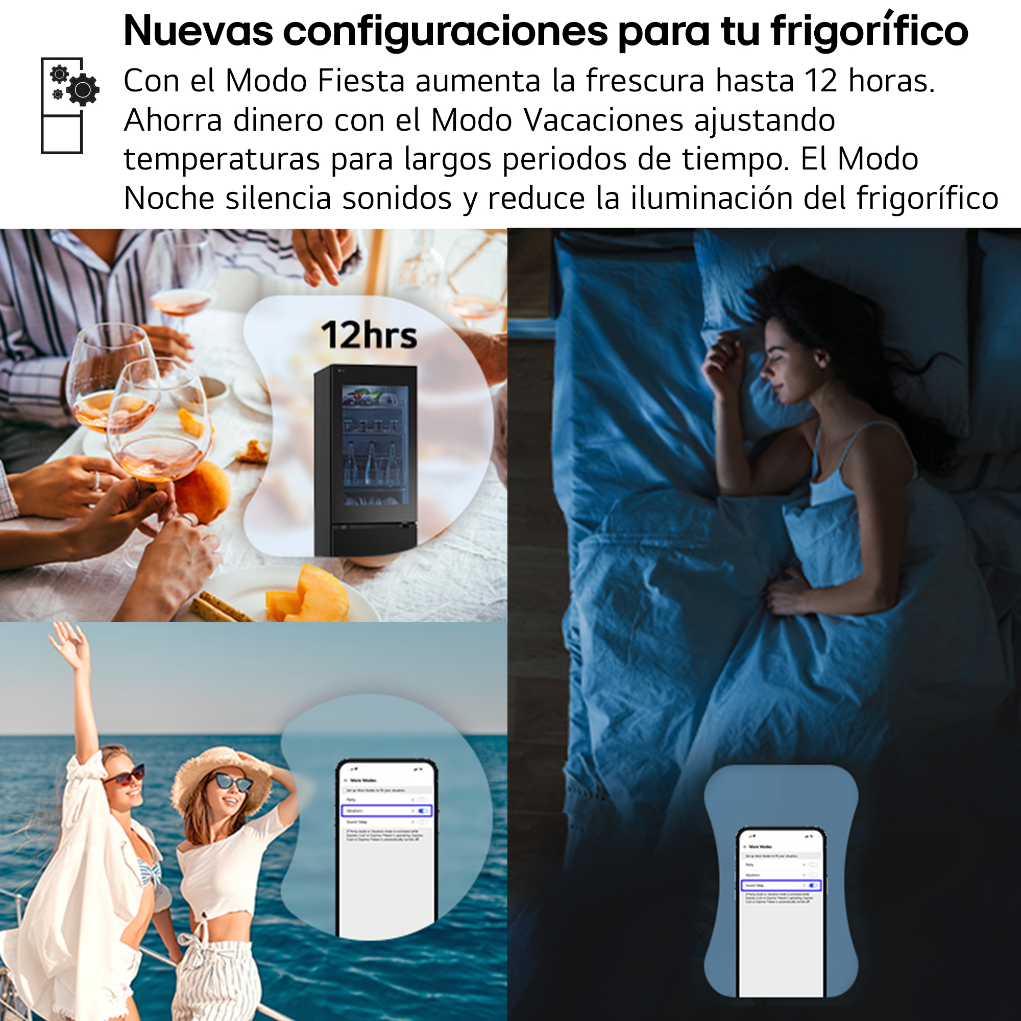 Un anuncio de nevera. Gente bebiendo vino, una nevera, una mujer durmiendo y dos señoras en un barco.