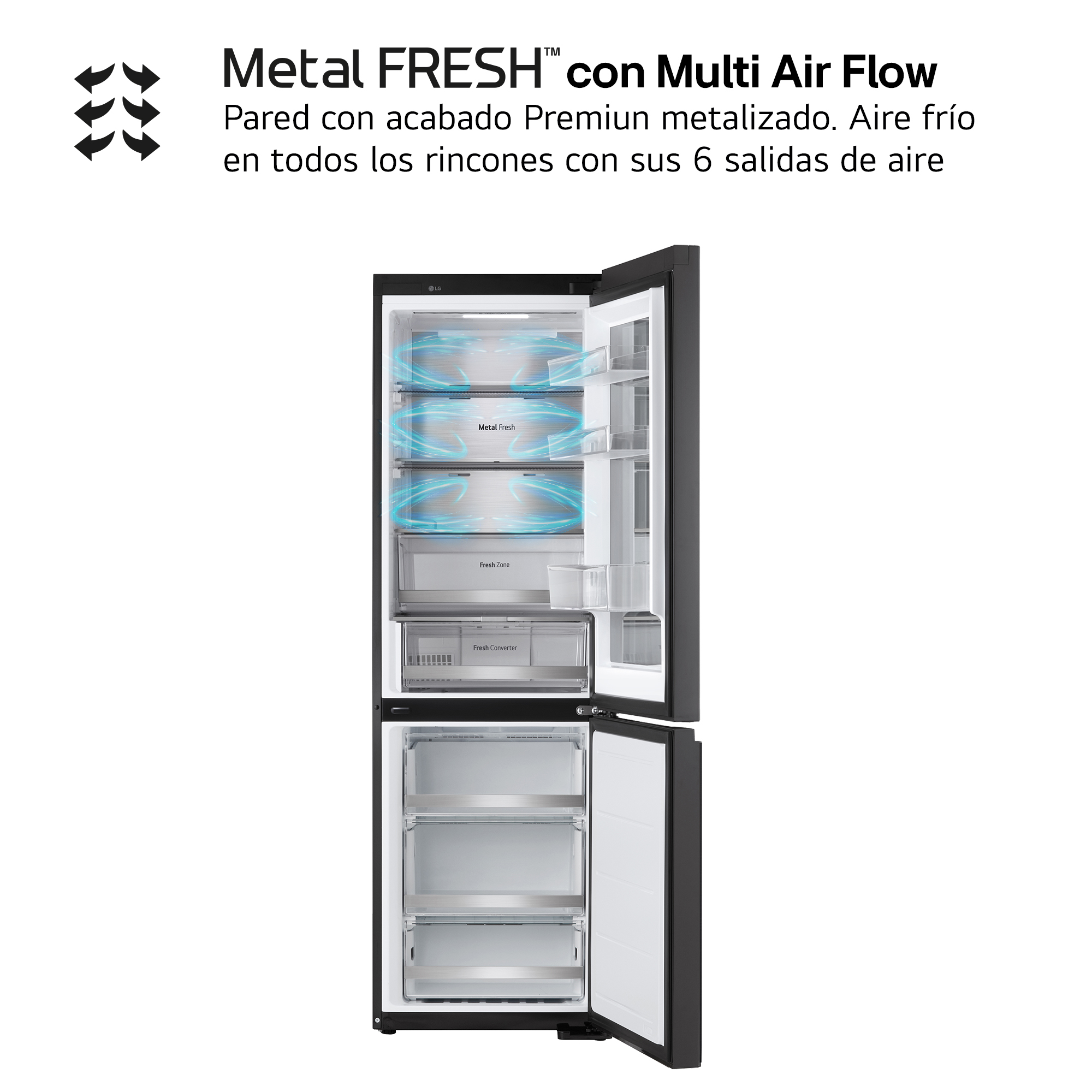 Refrigerador negro con puertas abiertas, revelando estantes, cajones y flujo de aire azul.