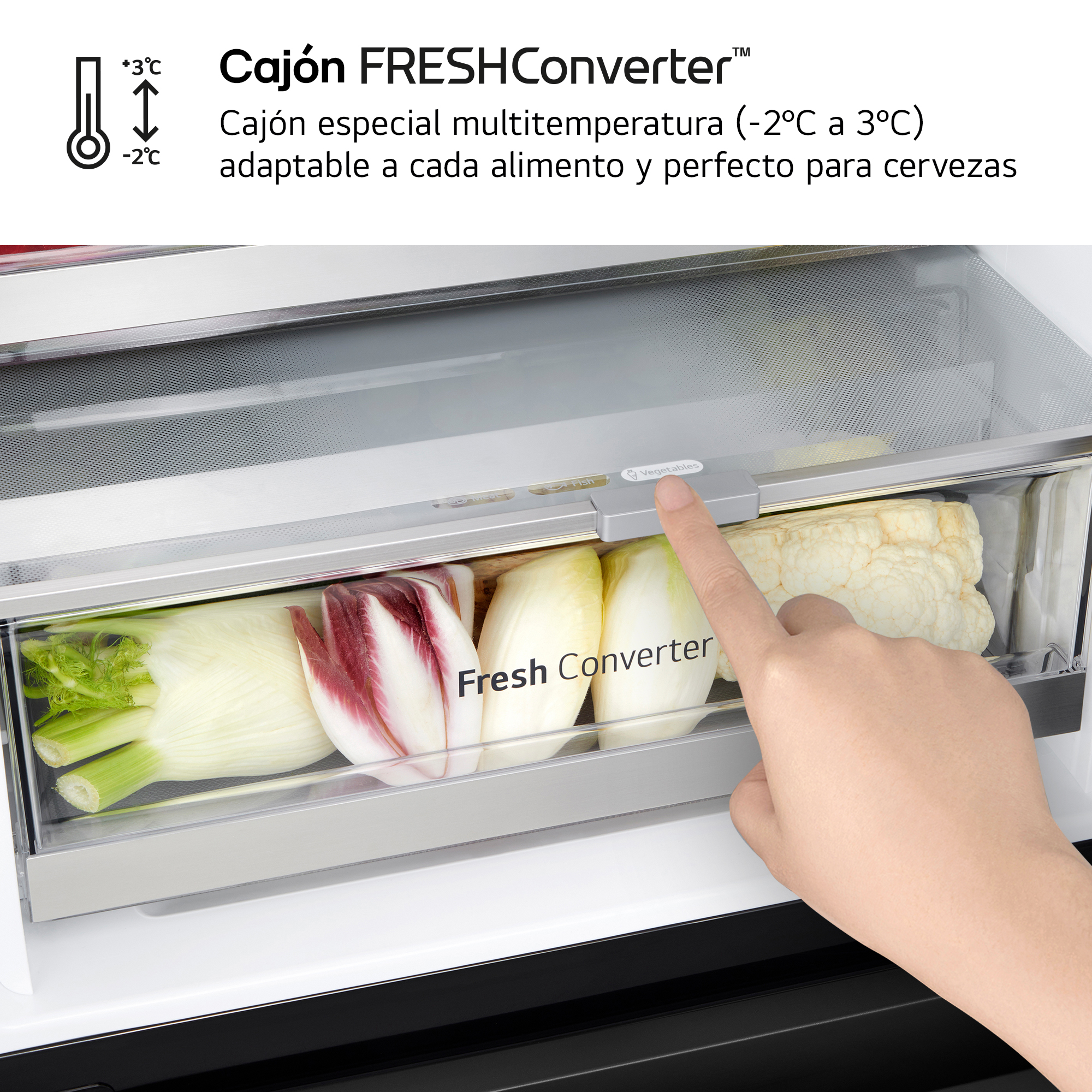 Cajón de refrigerador con verduras. Mano alcanzando el asa.