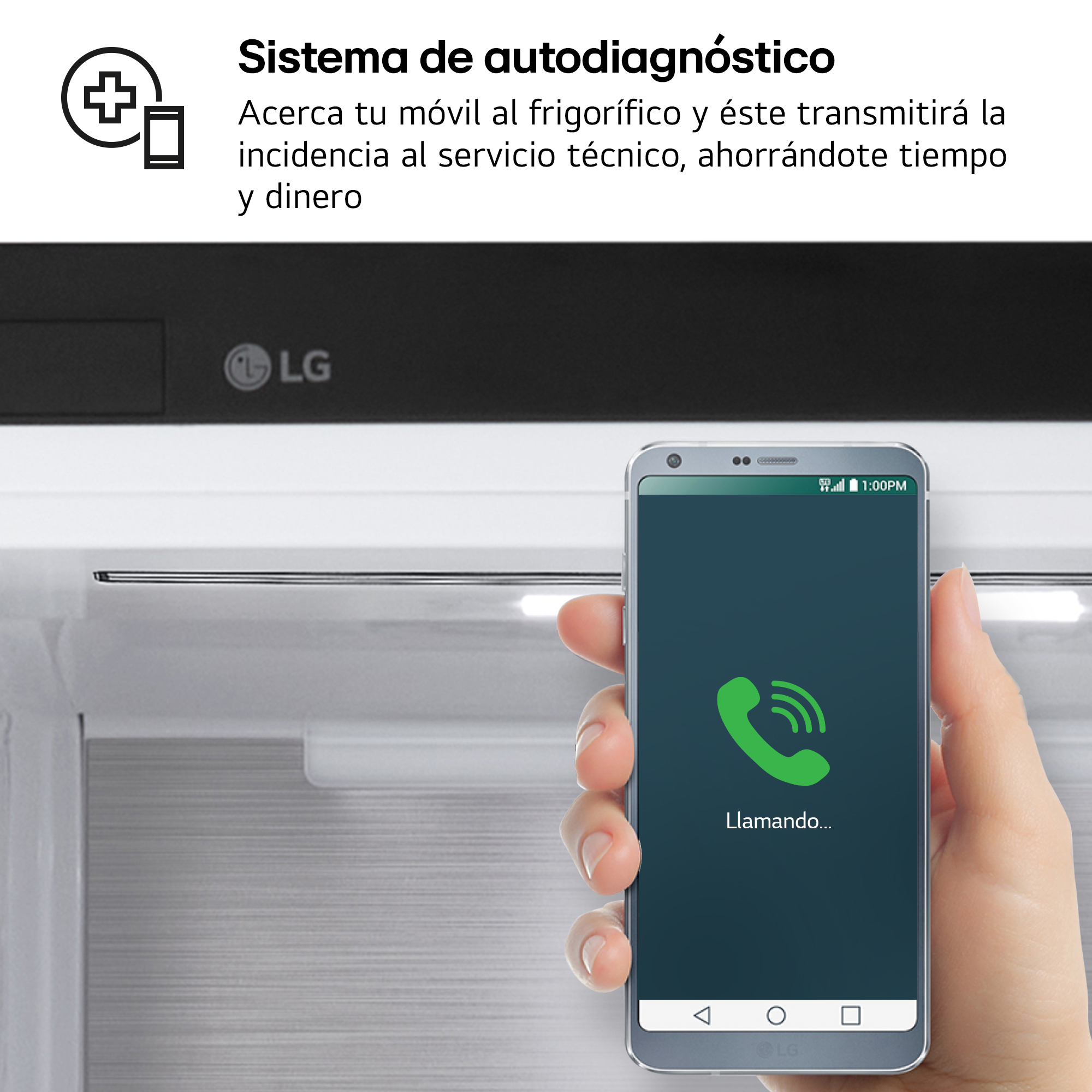 Pantalla de smartphone muestra llamada en curso. Logo LG en nevera. Texto: Sistema de autodiagnóstico.