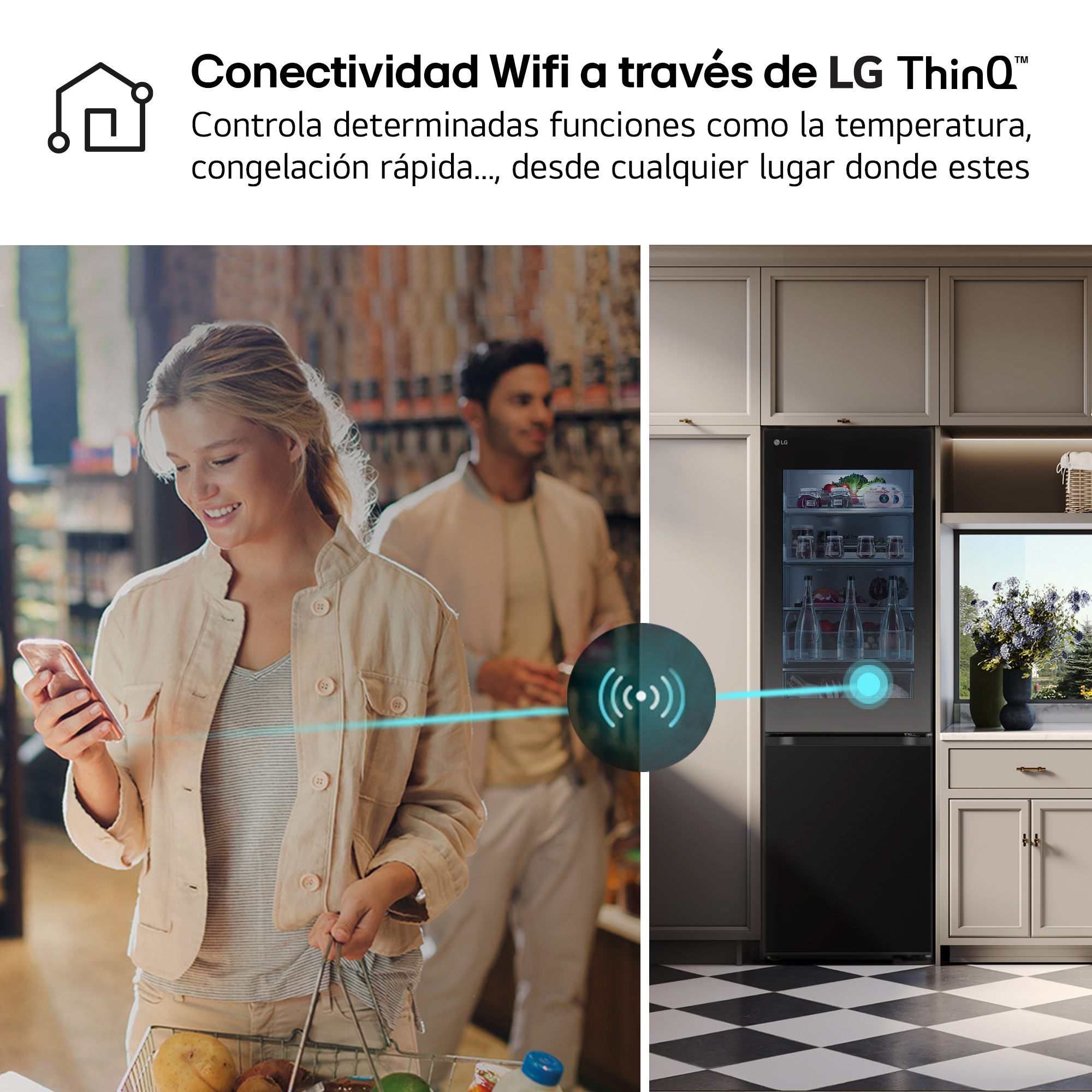 Una mujer comprando, usando un teléfono; un refrigerador con artículos, conectado por Wi-Fi.