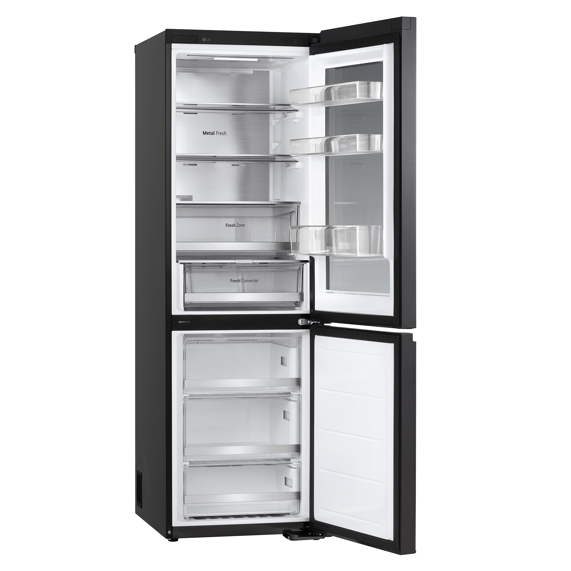 Refrigerador negro con puertas abiertas, mostrando estantes y cajones. El fondo es blanco.