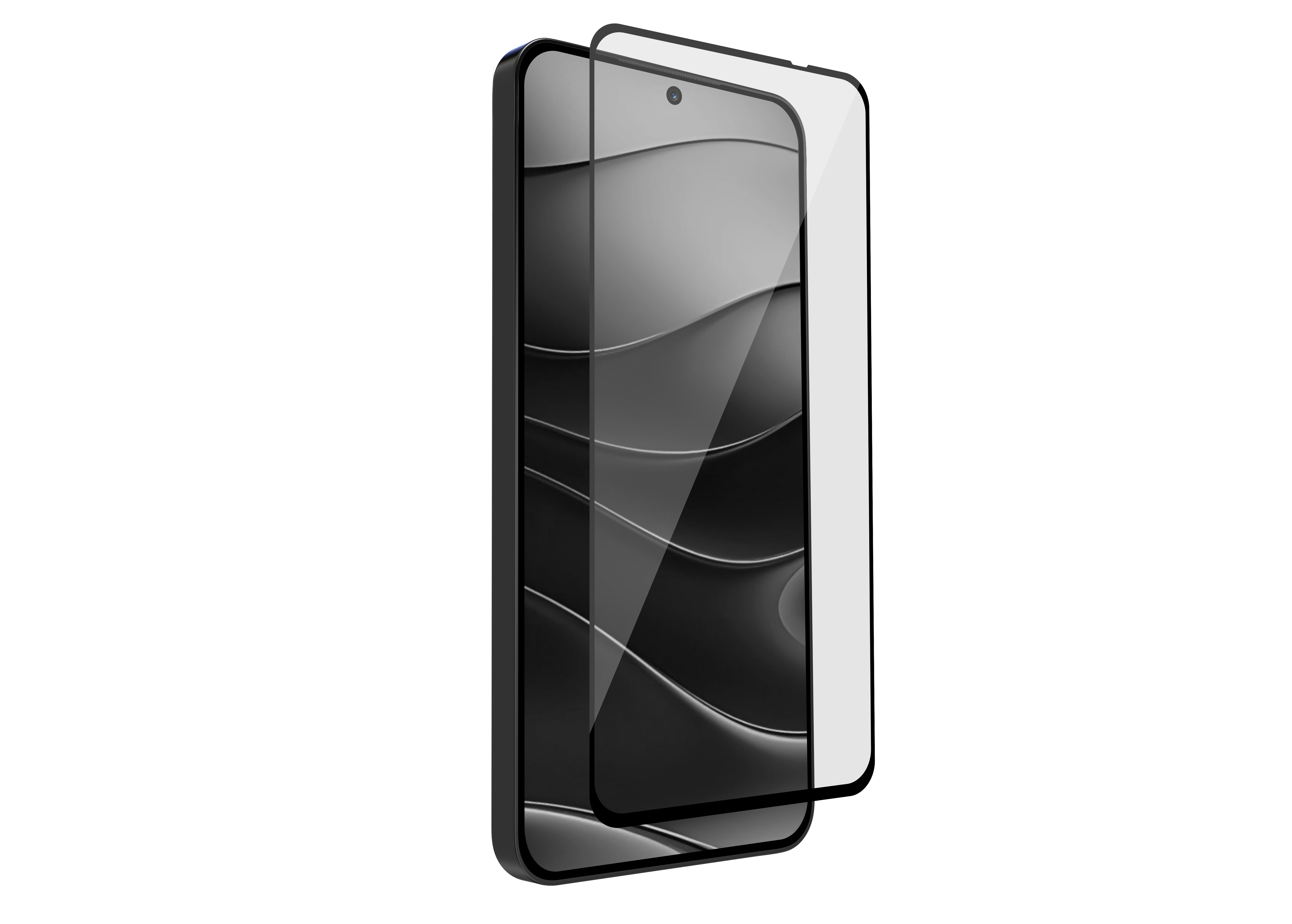 Ein schwarzes Smartphone mit Displayschutzfolie, teilweise getrennt, auf weißer Oberfläche.