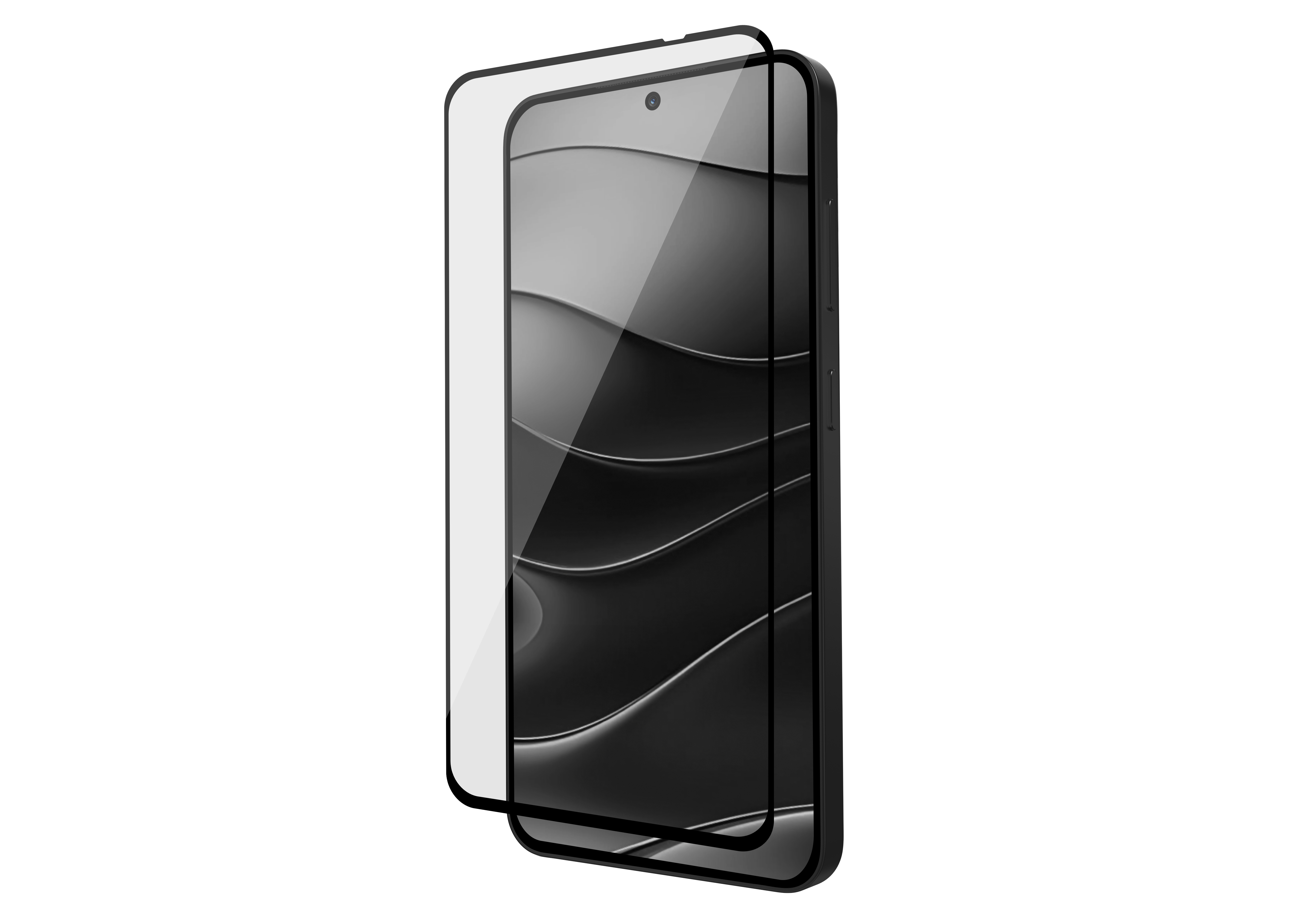 Ein Telefon mit Displayschutz wird präsentiert, wobei der Schutz vom Telefon getrennt ist.