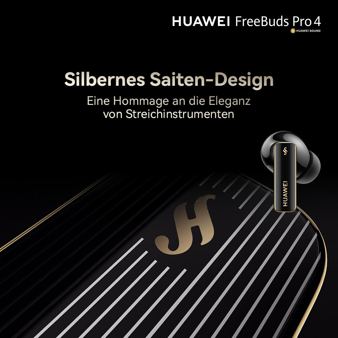 Schwarze und goldene Huawei FreeBuds Pro 4 Ohrhörer, mit Text und einer Grafik eines Streichinstruments.