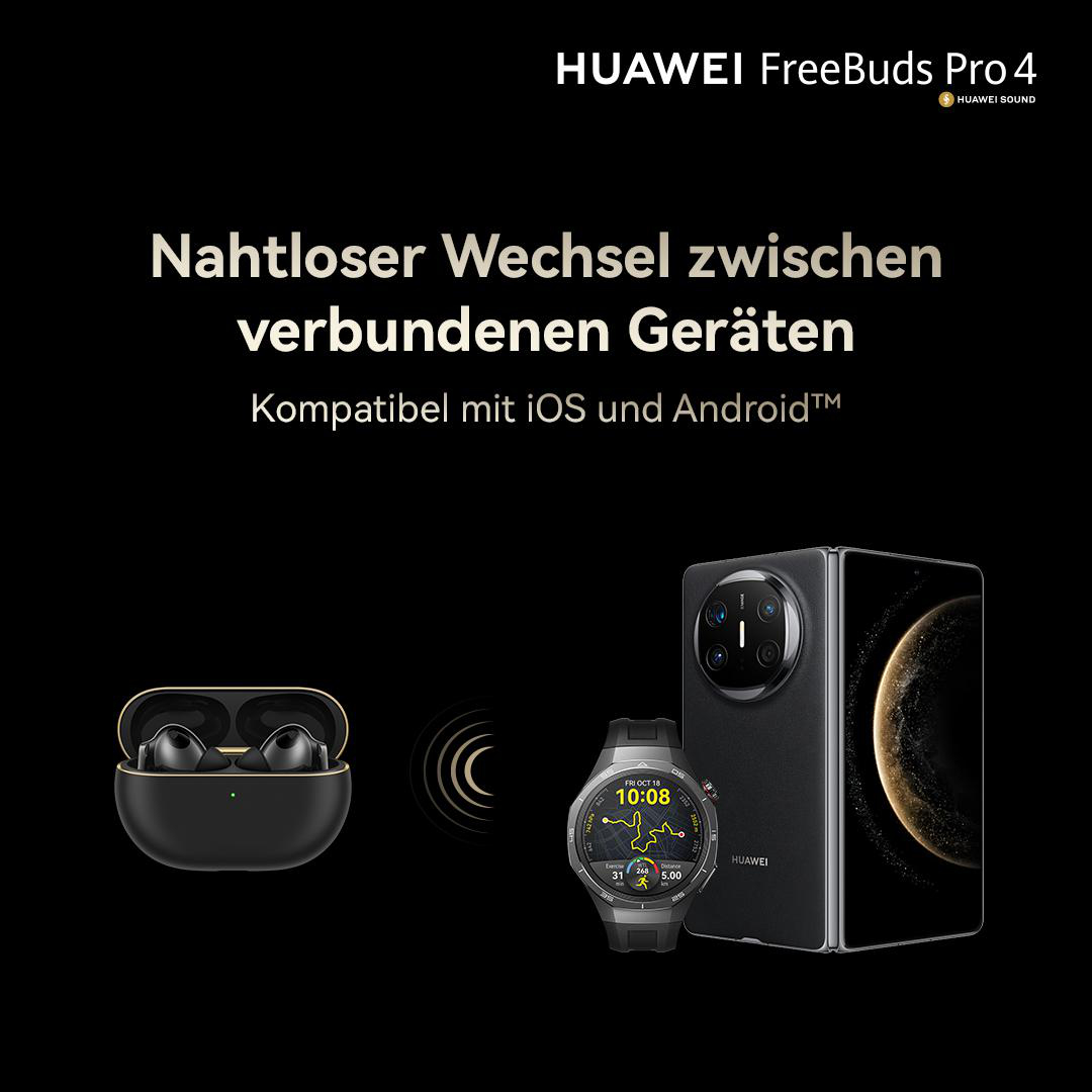 HUAWEI FreeBuds Pro 4 Werbung. Beinhaltet Ohrhörer, Smartwatch und ein faltbares Telefon.