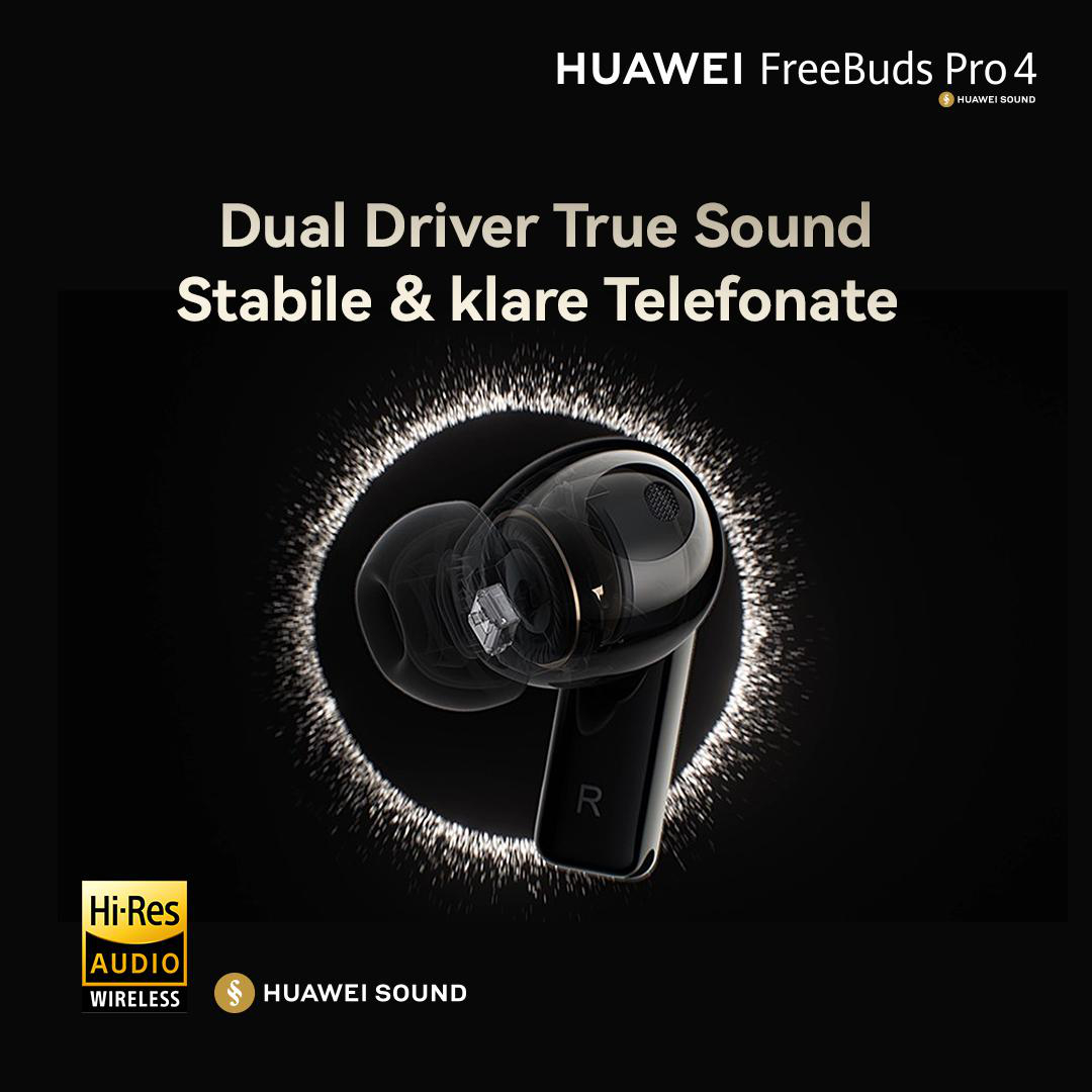 Nahaufnahme der HUAWEI FreeBuds Pro 4 Ohrhörer. Zeigt die Form und das Hi-Res Audio Logo.
