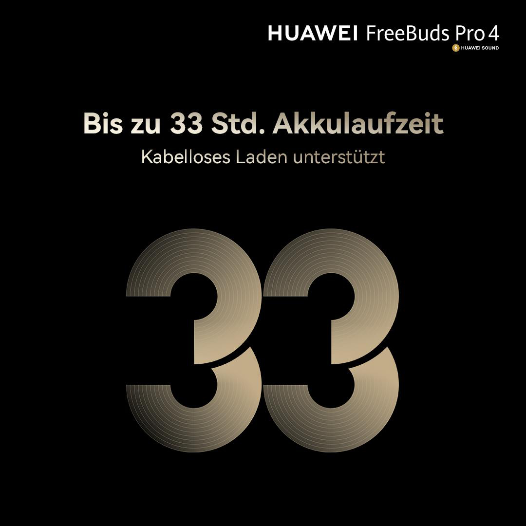 Die Zahl 33 in großem Gold, wirbt für die Akkulaufzeit der HUAWEI FreeBuds Pro 4.