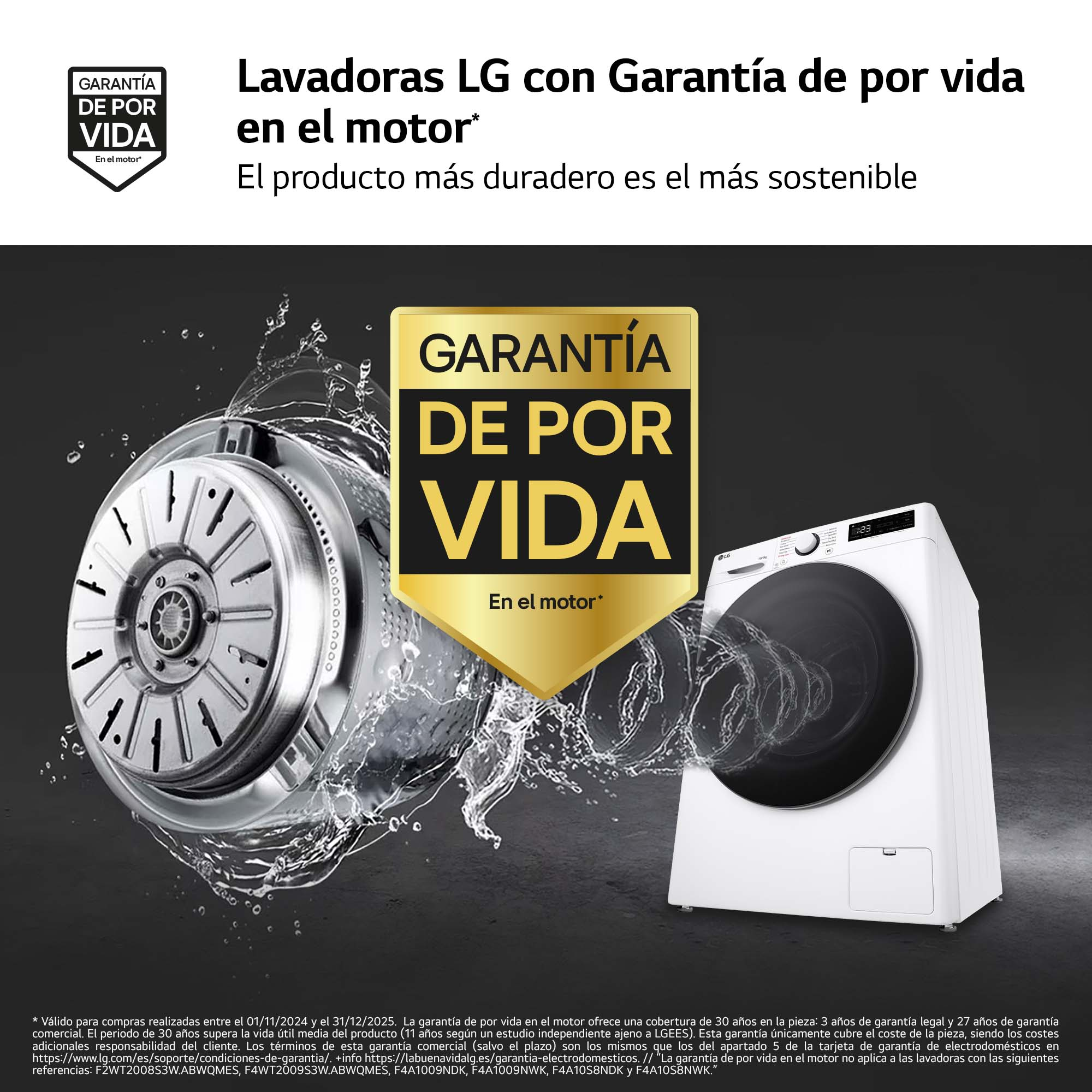 Anuncio de lavadora LG con el motor visible, texto sobre la garantía.