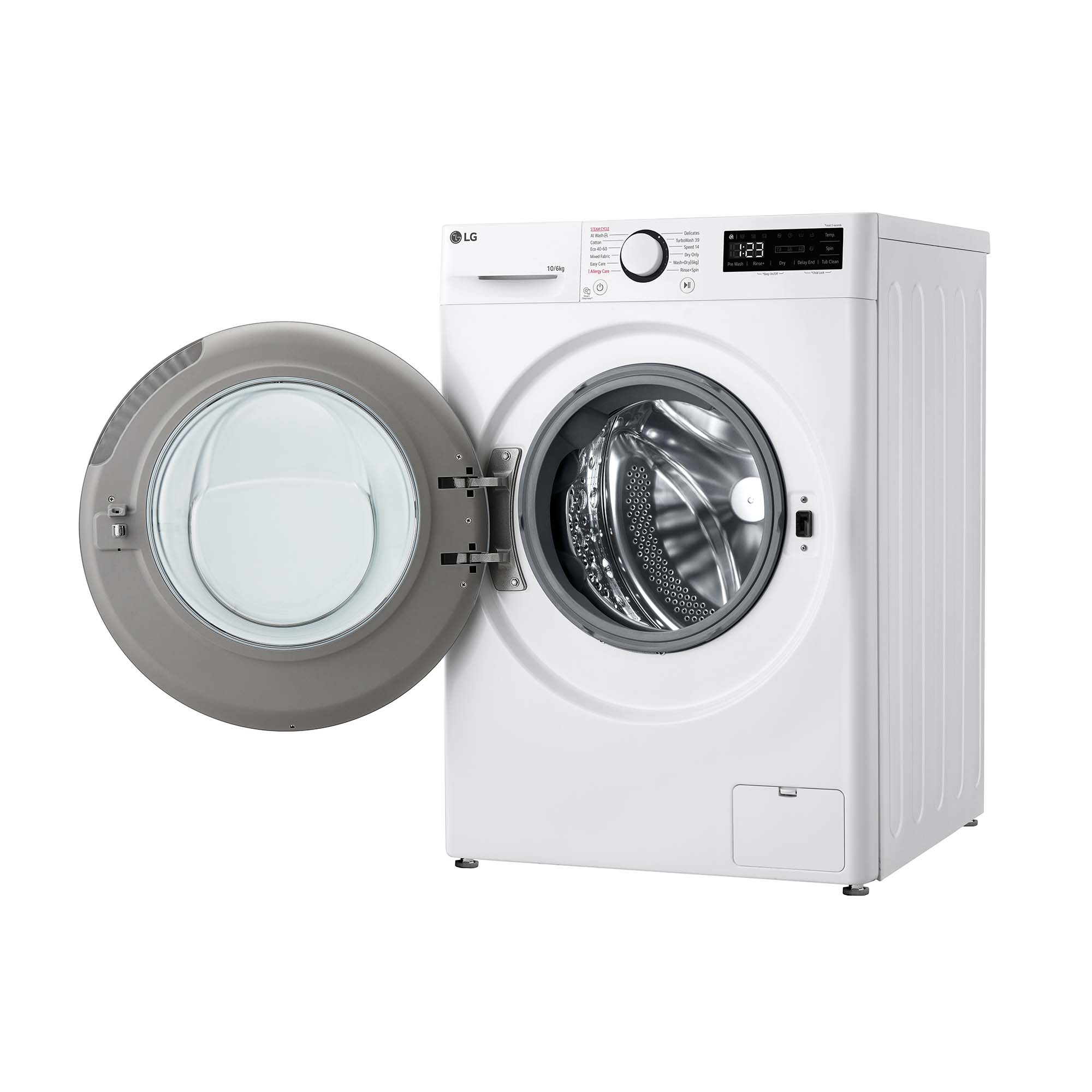 Una lavadora blanca con la puerta abierta, mostrando el tambor interior.