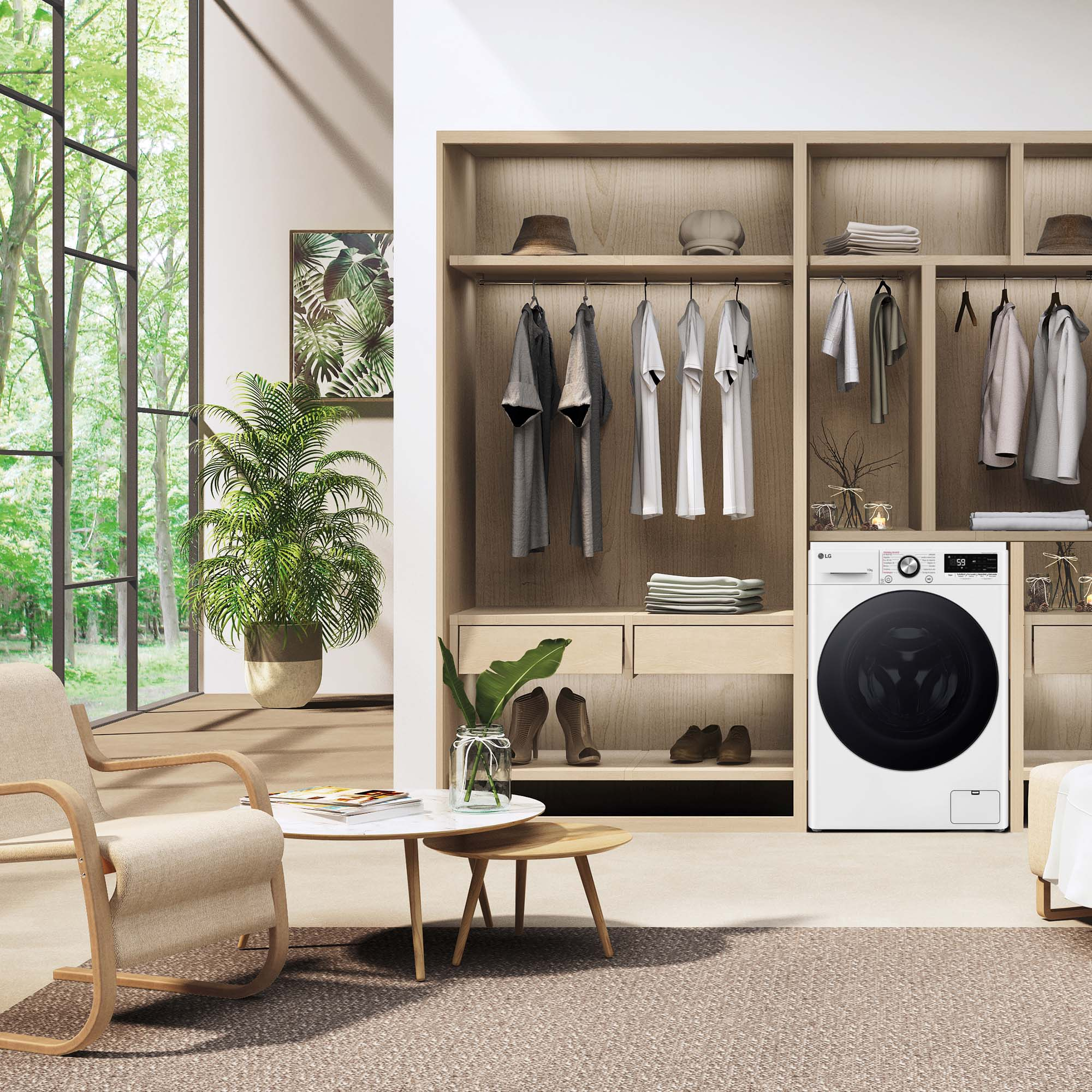 Lavadero con lavadora. Almacenamiento de madera con ropa. Una silla y una planta.