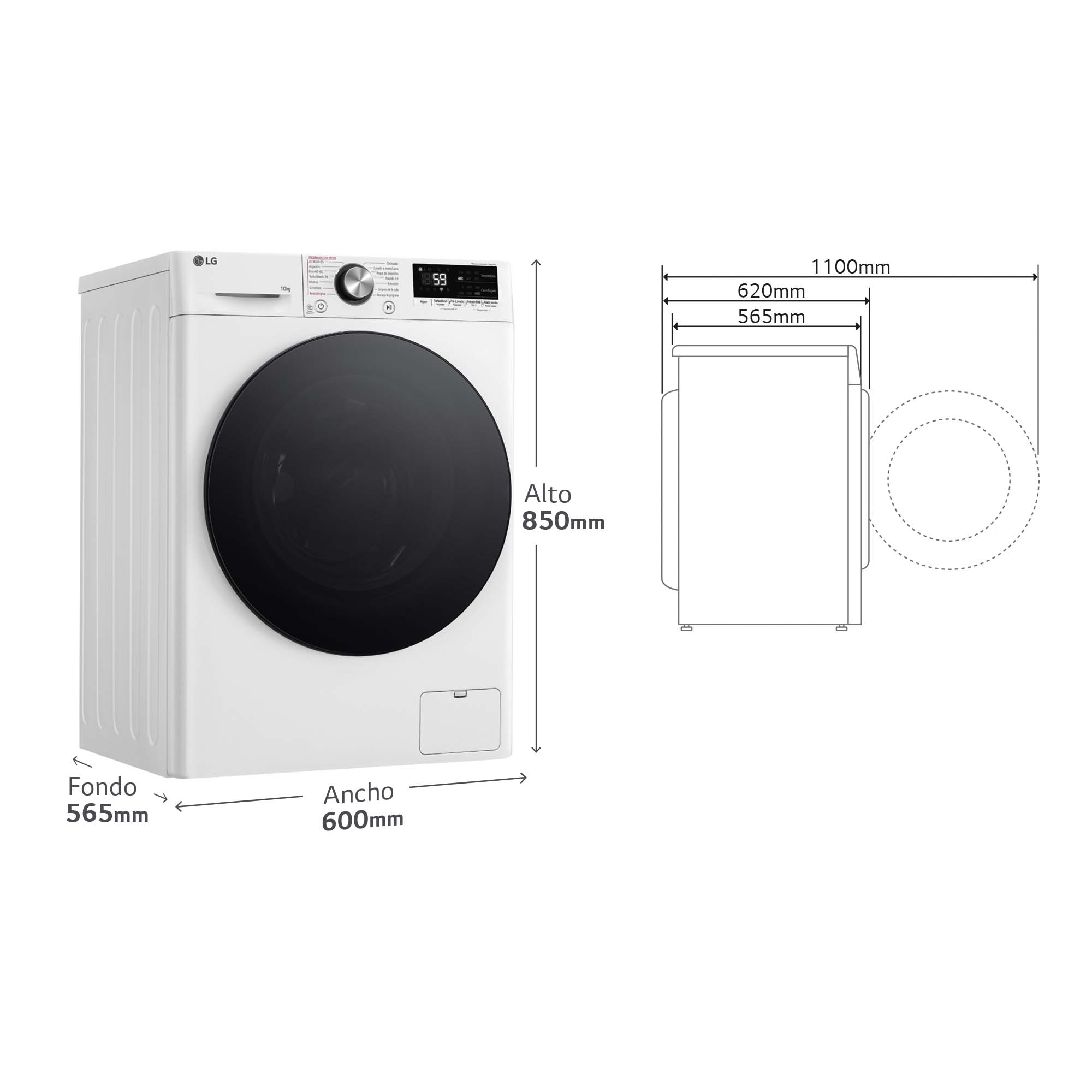 Una lavadora blanca con dimensiones indicadas en el lateral.