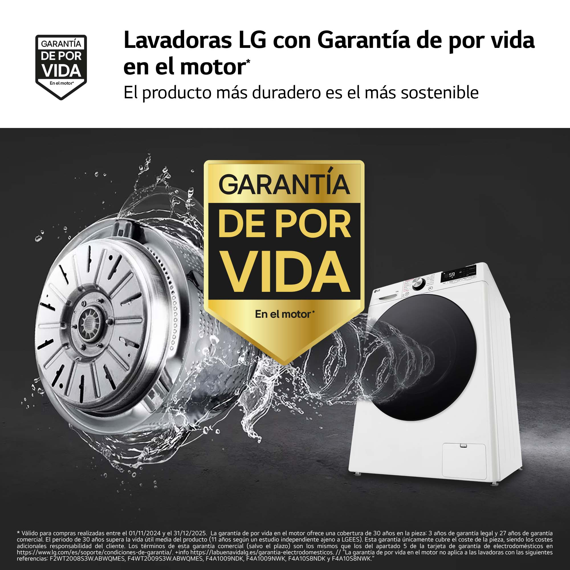 Anuncio de lavadora LG. Una lavadora abierta muestra agua, con texto arriba sobre la garantía.