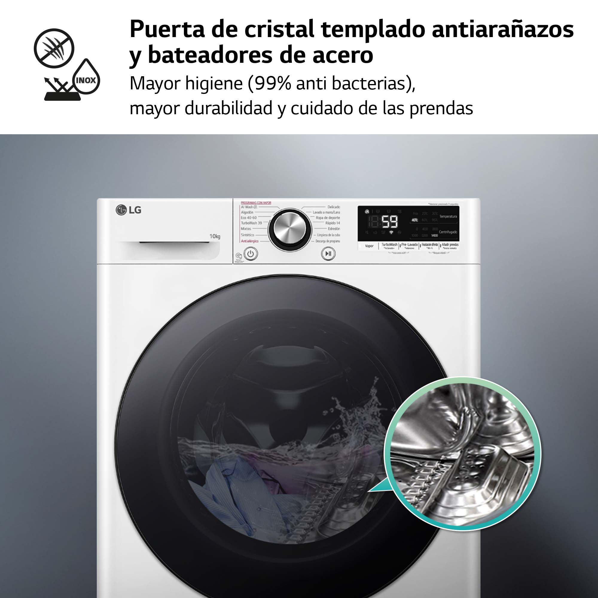 Una lavadora LG blanca con puerta negra. El tambor muestra agua y ropa. Un primer plano destaca los componentes de acero.