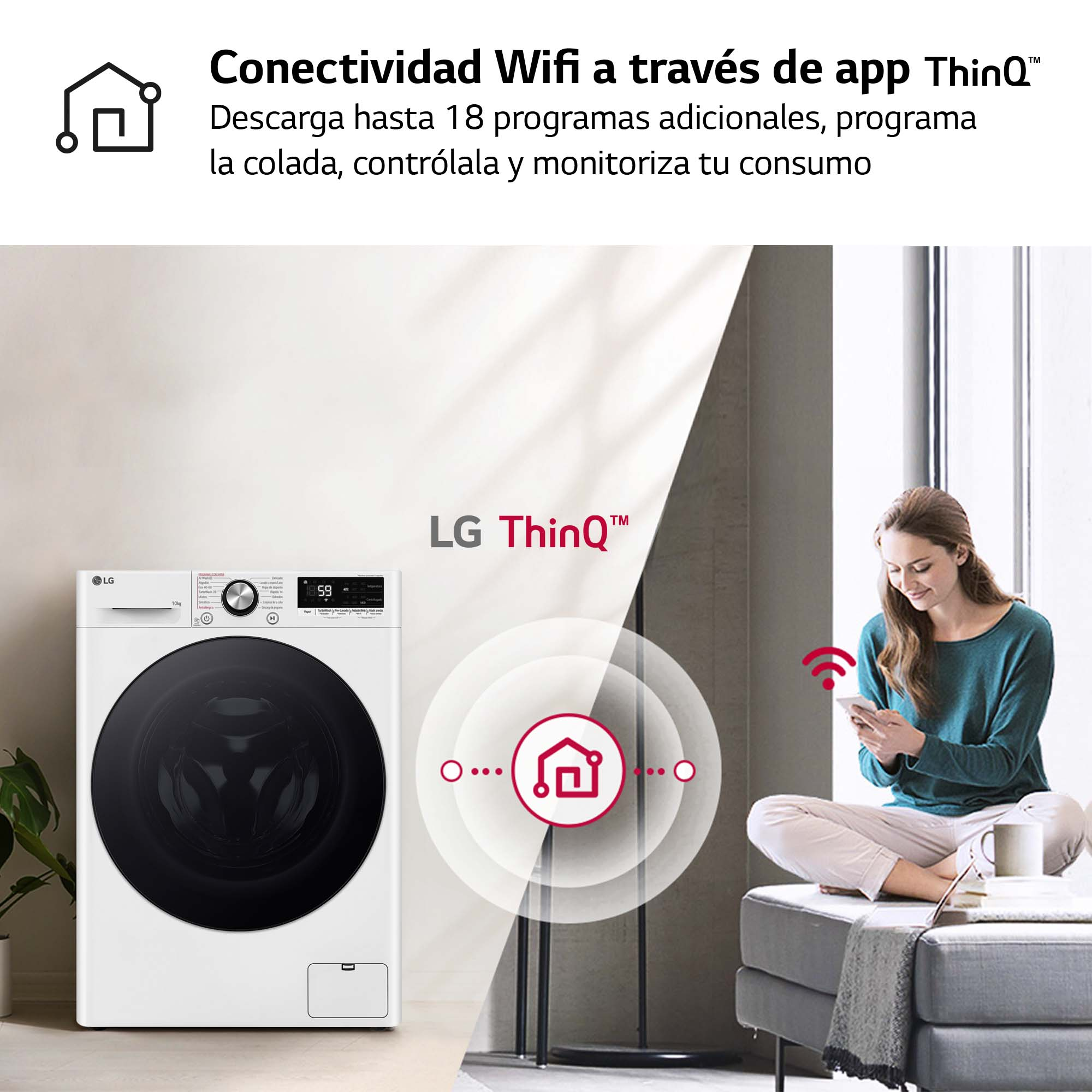 Mujer usando teléfono junto a lavadora; texto sobre conectividad Wifi y programas.