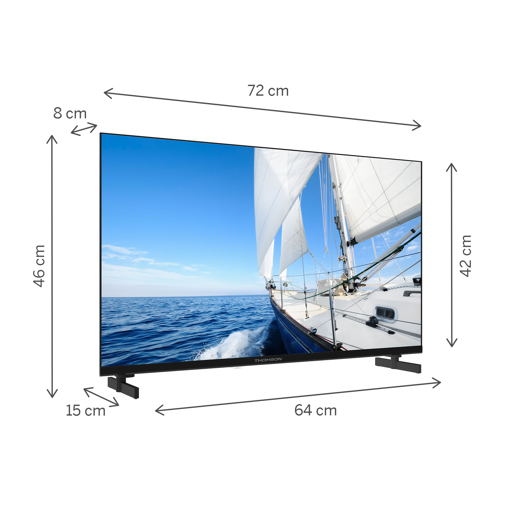 Ölçüleri etiketlenmiş TV ekranı.