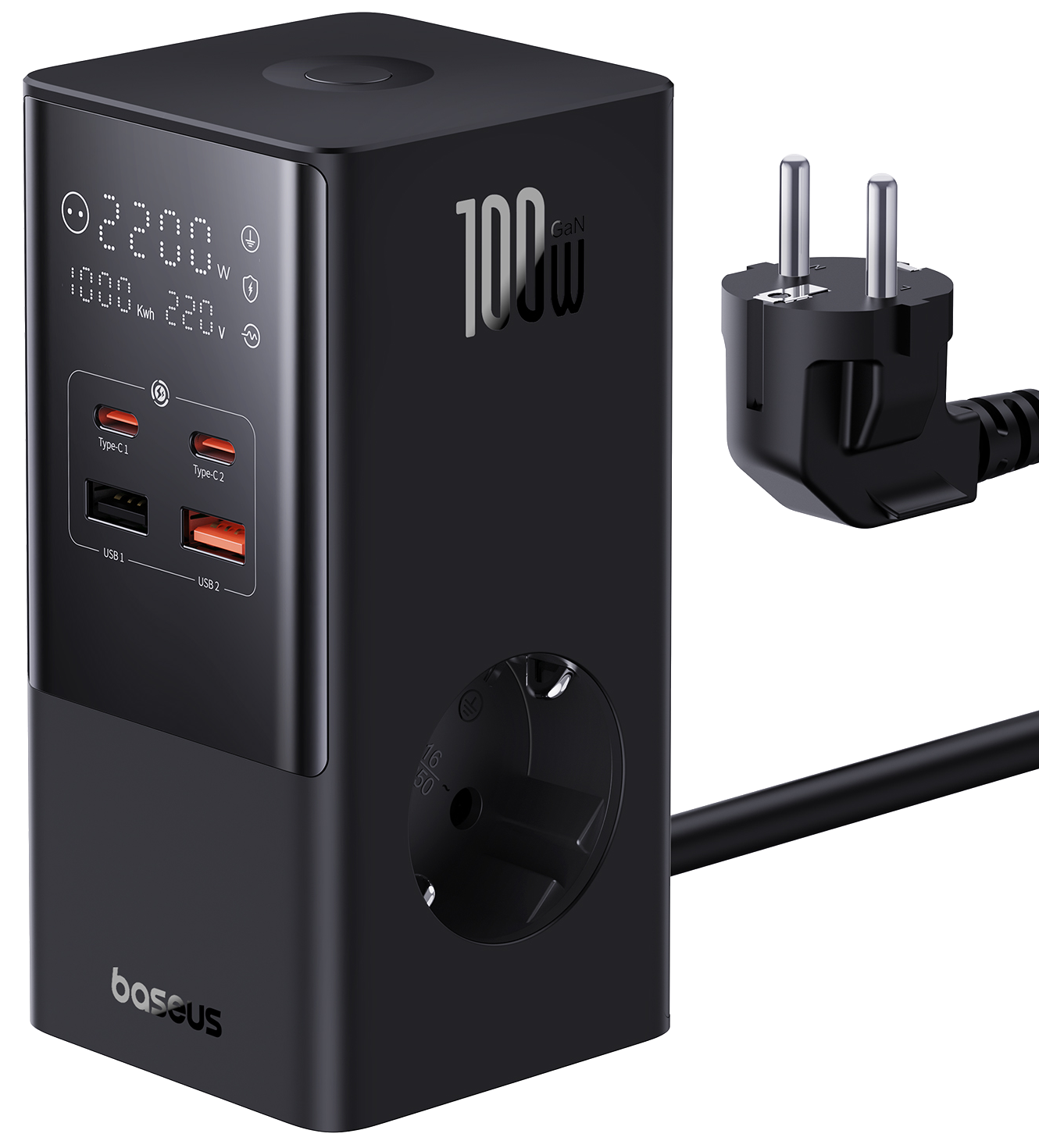 BASEUS PowerCombo töltőállomás, 100W, 2 db aljzat, 2xUSB-A, 2xUSB-C, digitális kijelzővel (E00023609113-00)