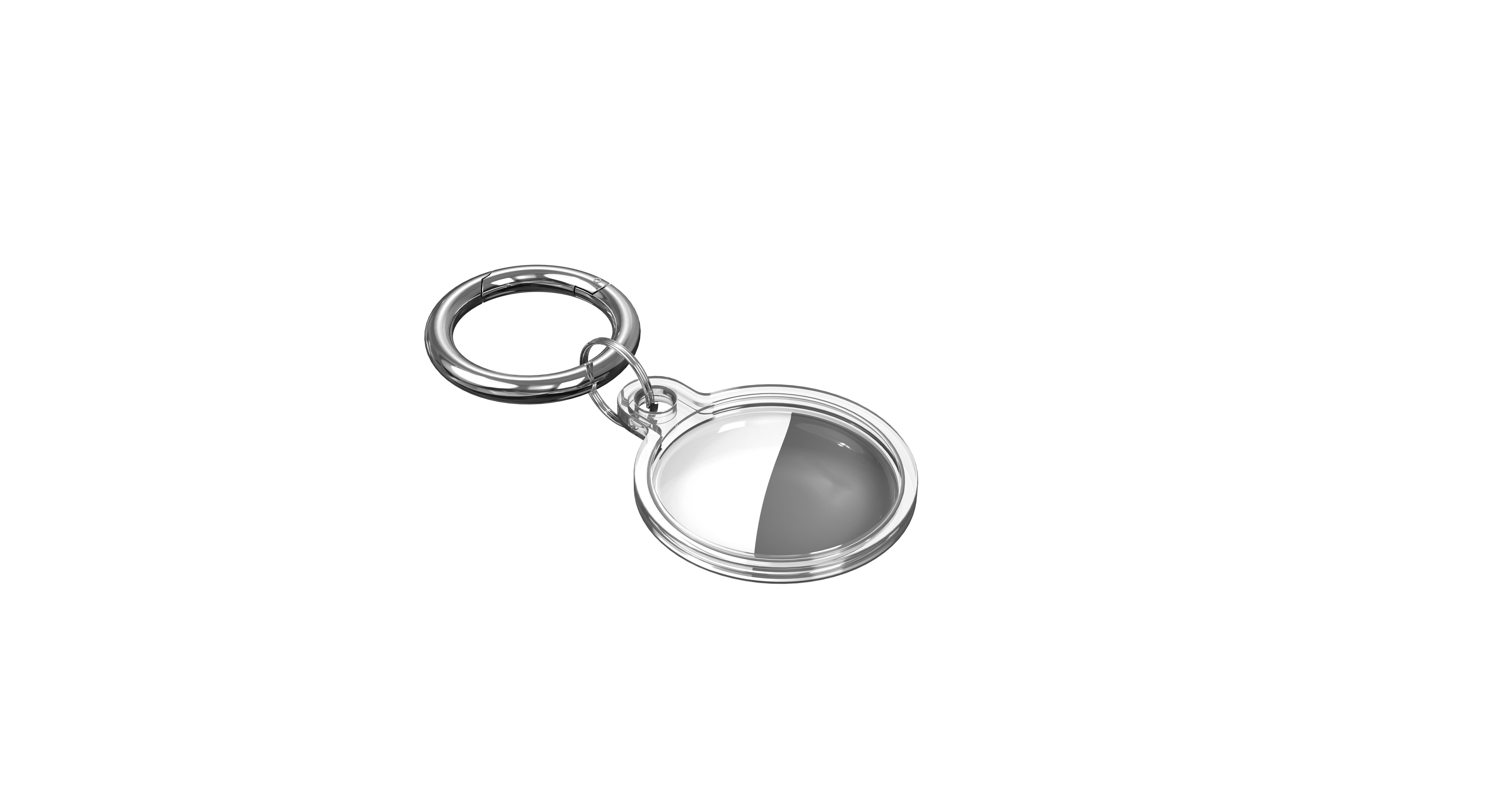 Silberner Schlüsselanhänger mit rundem, zweifarbigem Anhänger, halb silber und halb transparent, auf weißem Hintergrund.
