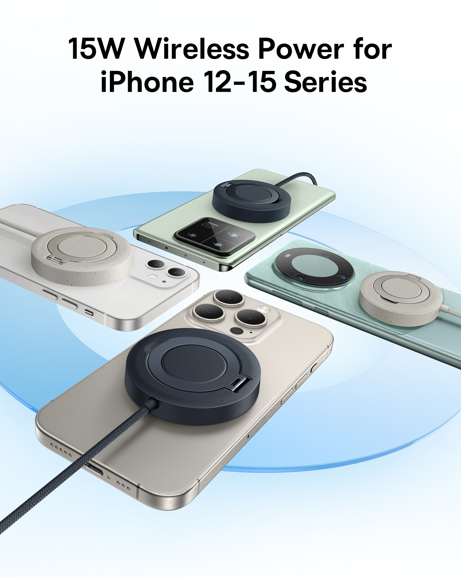Vezeték nélküli töltők, rajtuk telefonokkal, és egy leírás, 15W Wireless Power.