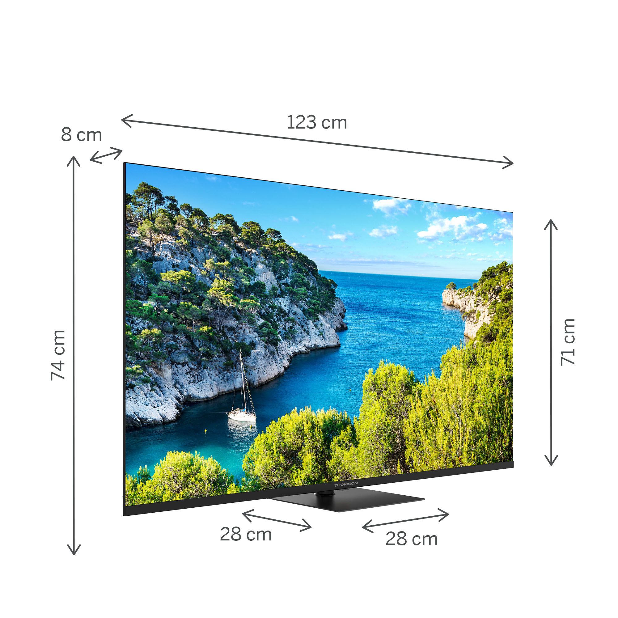 Bir stand üzerinde büyük bir TV, boyutları etiketlenmiş, manzaralı bir kıyı görünümü gösteriyor.