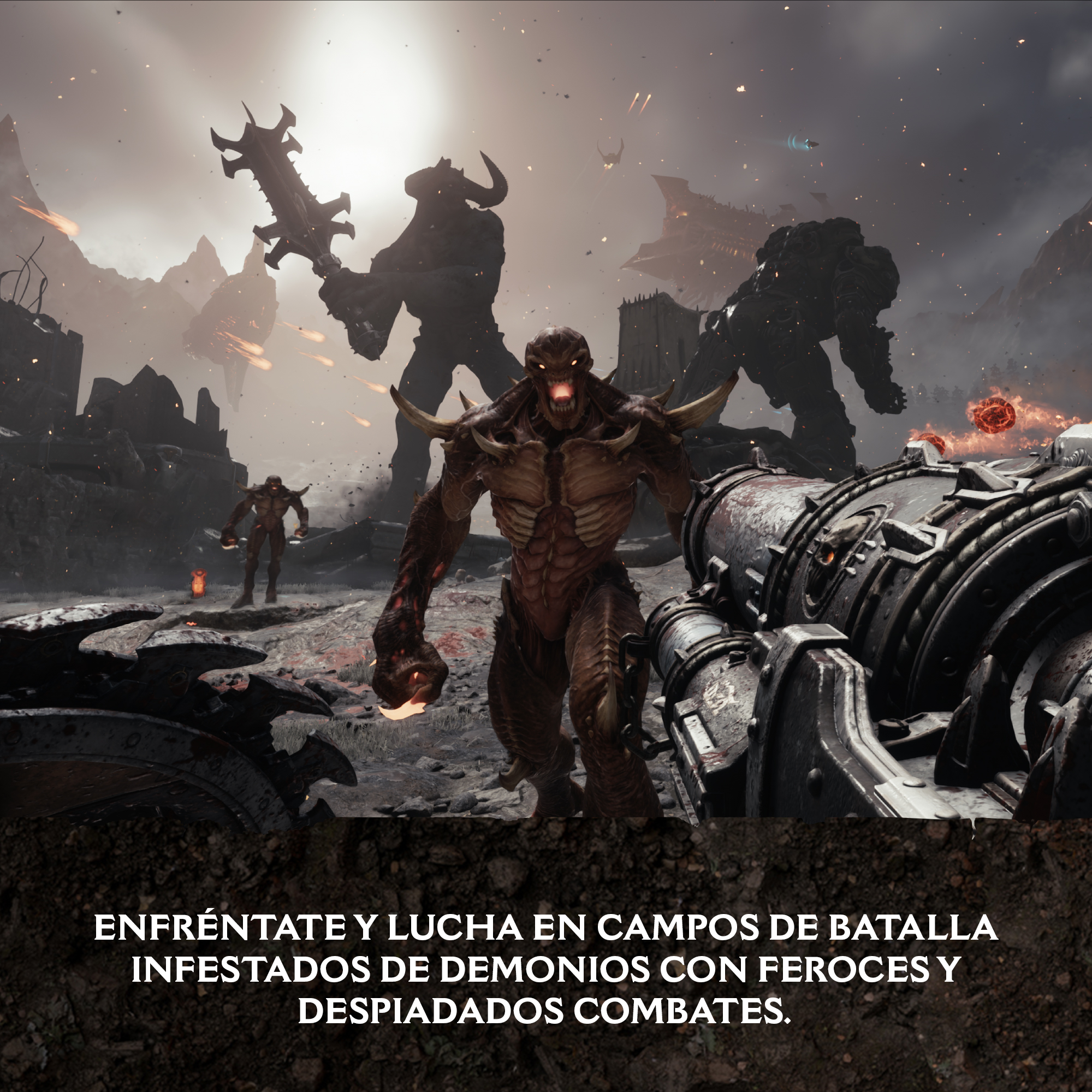 Demonios luchan en un campo de batalla oscuro y ardiente. Un tirador apunta un arma hacia los demonios.