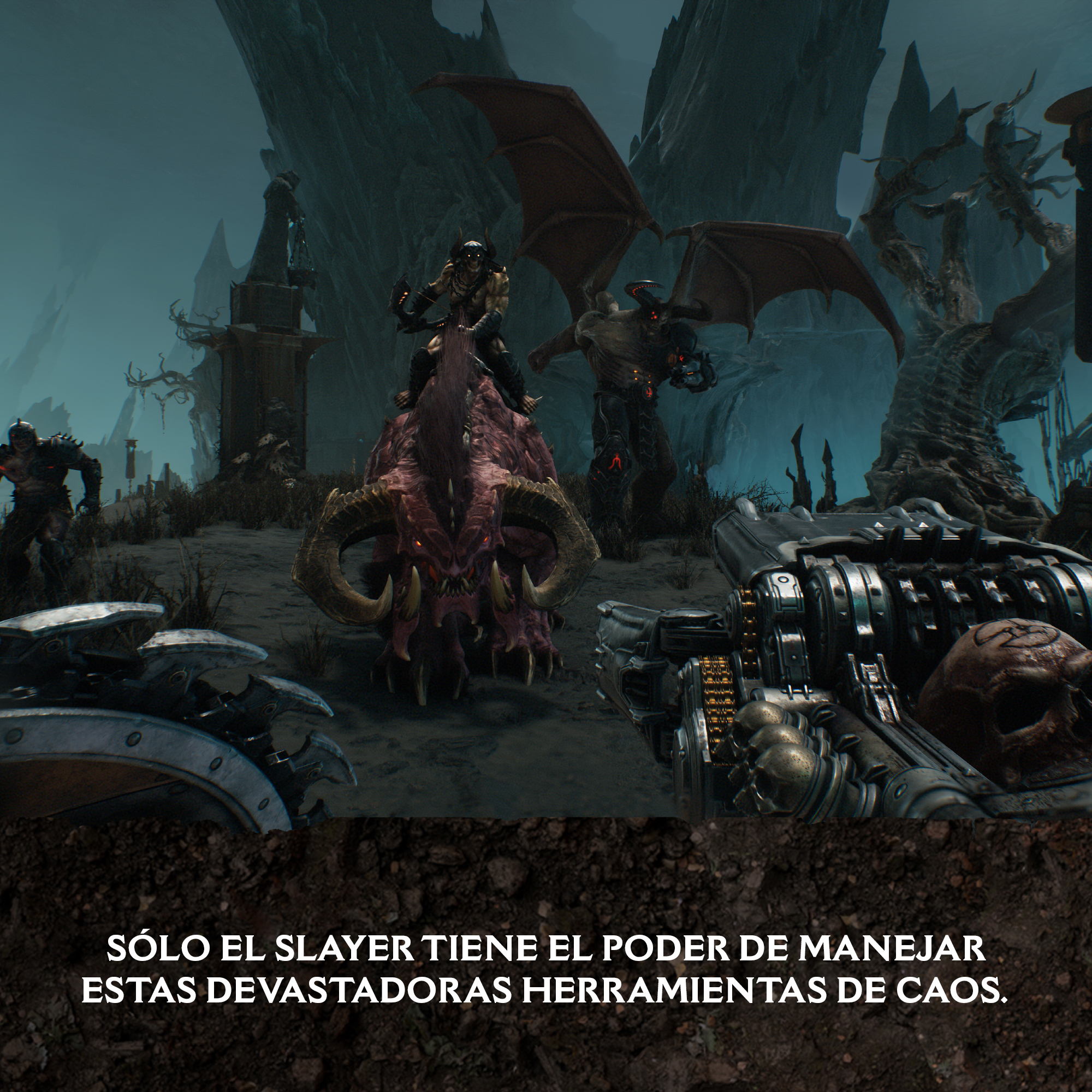 Escena del juego DOOM. Criaturas demoníacas y personaje con arma. Escena oscura.