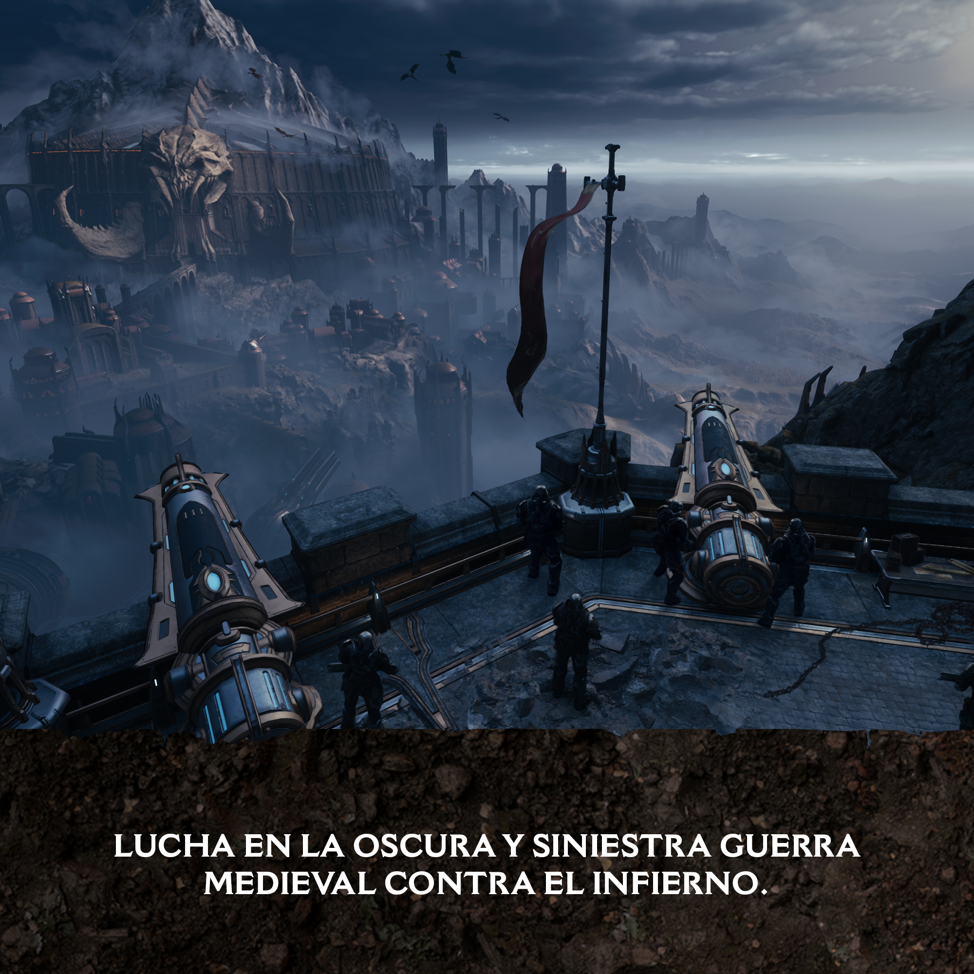 Una escena oscura y medieval con soldados en un fuerte. Un cielo dramático y paisaje en el fondo.