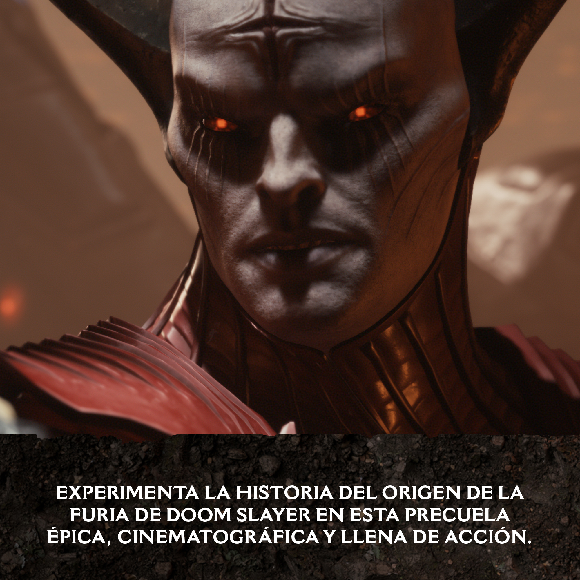 Una imagen de primer plano de un personaje demoníaco con ojos rojos, en un videojuego.