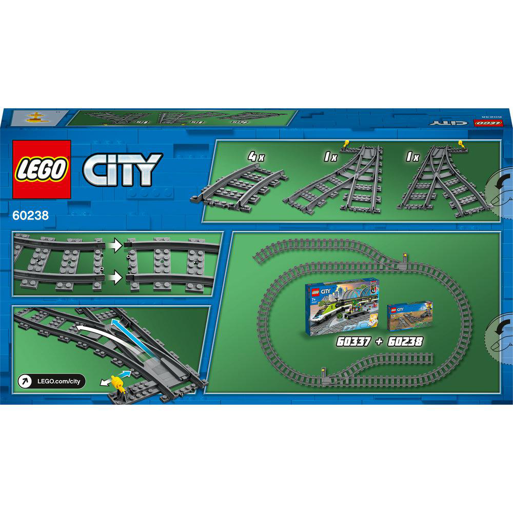 Rückseite einer LEGO City-Box mit Diagrammen. Zeigt Gleisteile und ein Zug-Set. Enthält Text und das LEGO-Logo.
