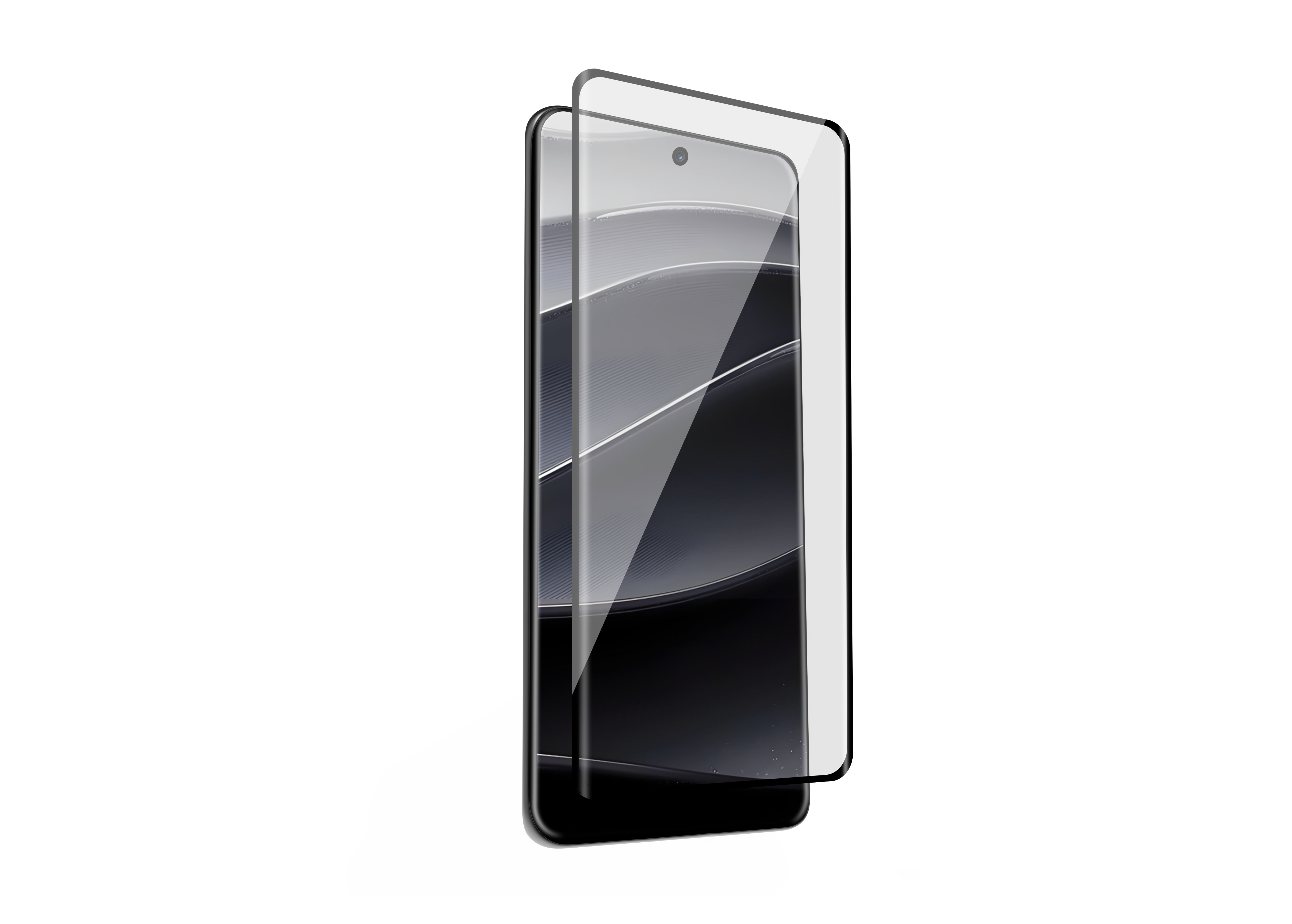 Smartphone mit angebrachter Displayschutzfolie, die eine Reflexion zeigt, auf weißem Hintergrund.