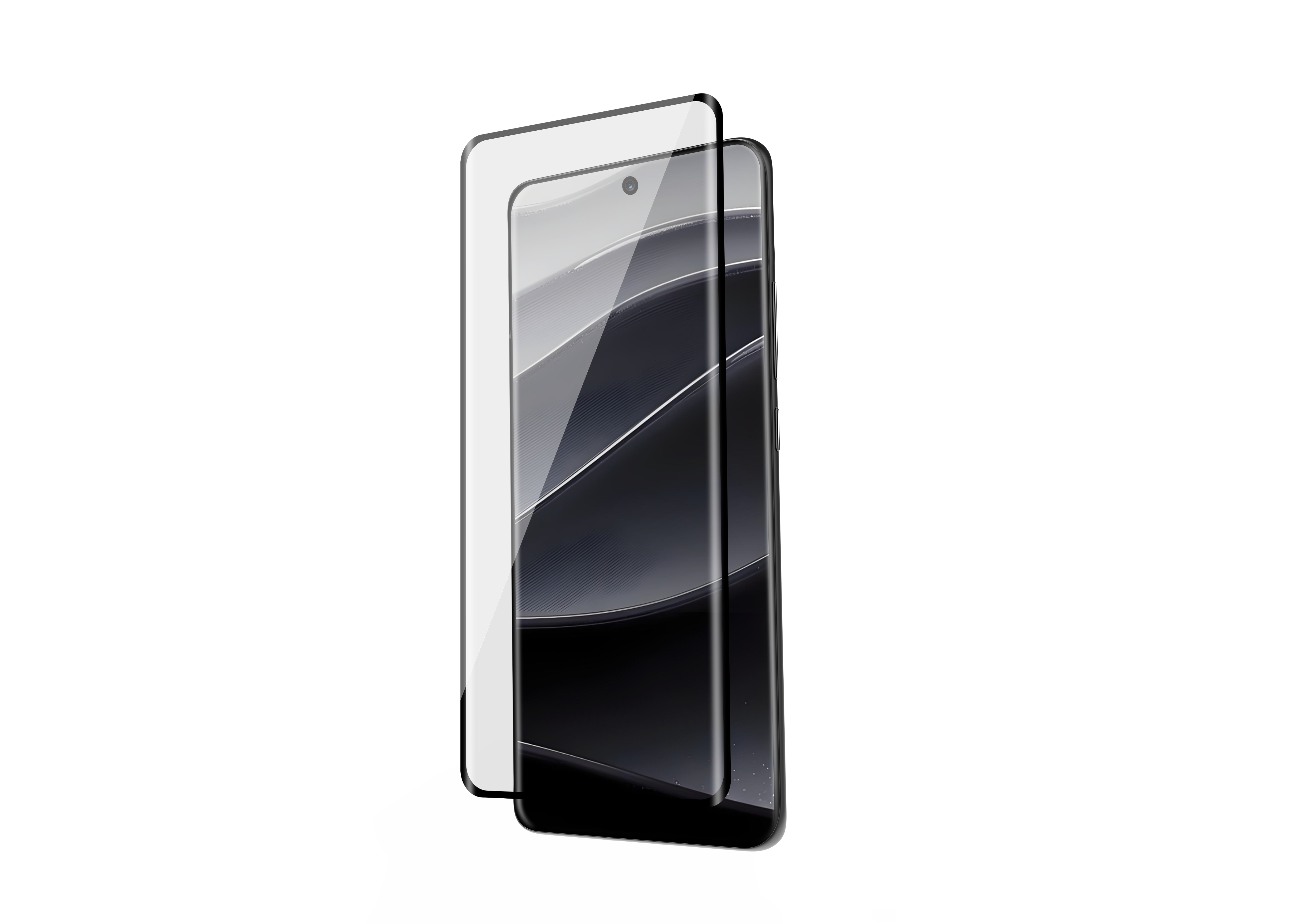 Telefon mit Displayschutz. Zwei Schichten sind sichtbar. Ein schwarzes Smartphone mit Glasschutz.