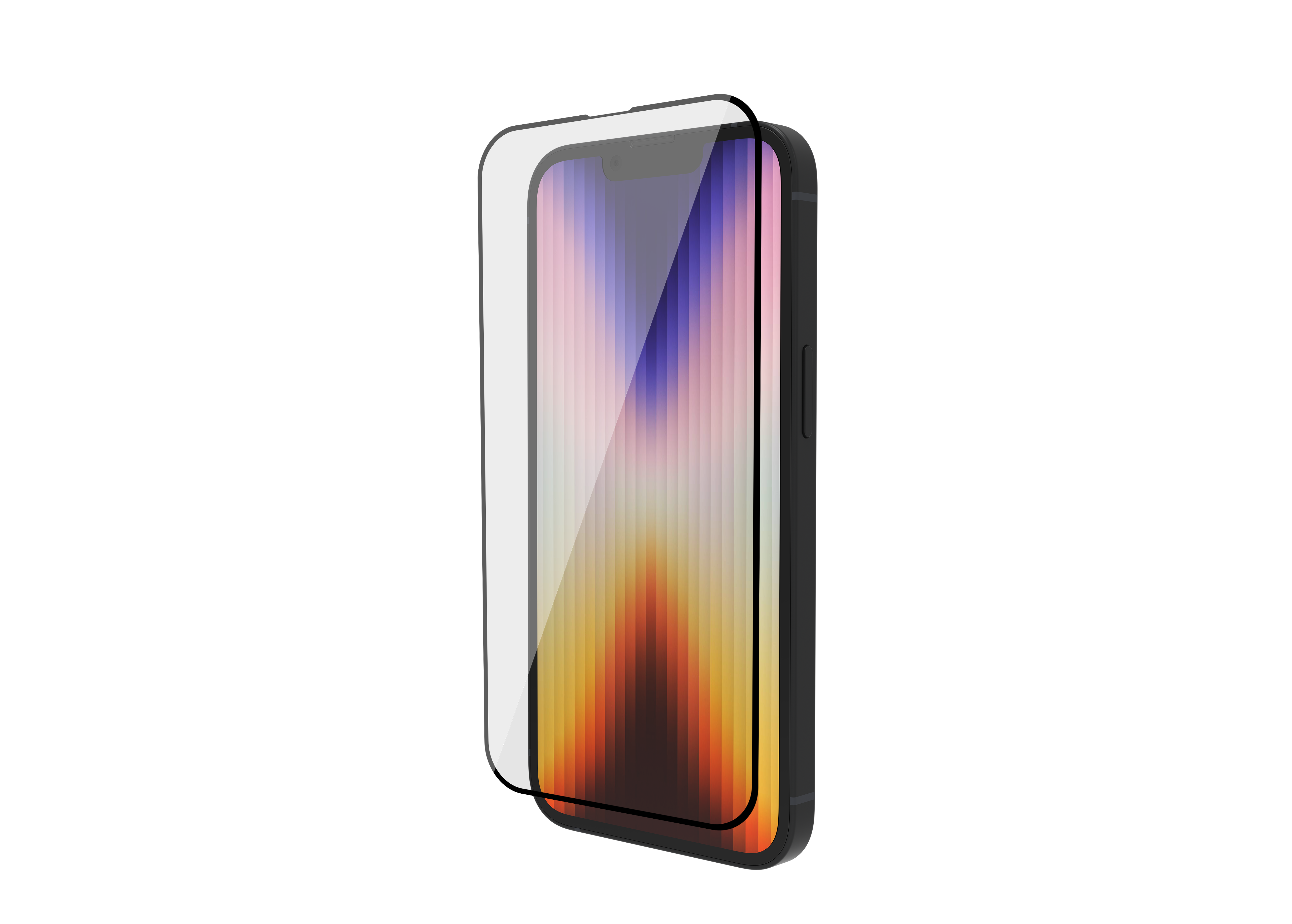 Ein Smartphone mit angebrachter Displayschutzfolie, das Telefon ist schwarz und der Schutz transparent.