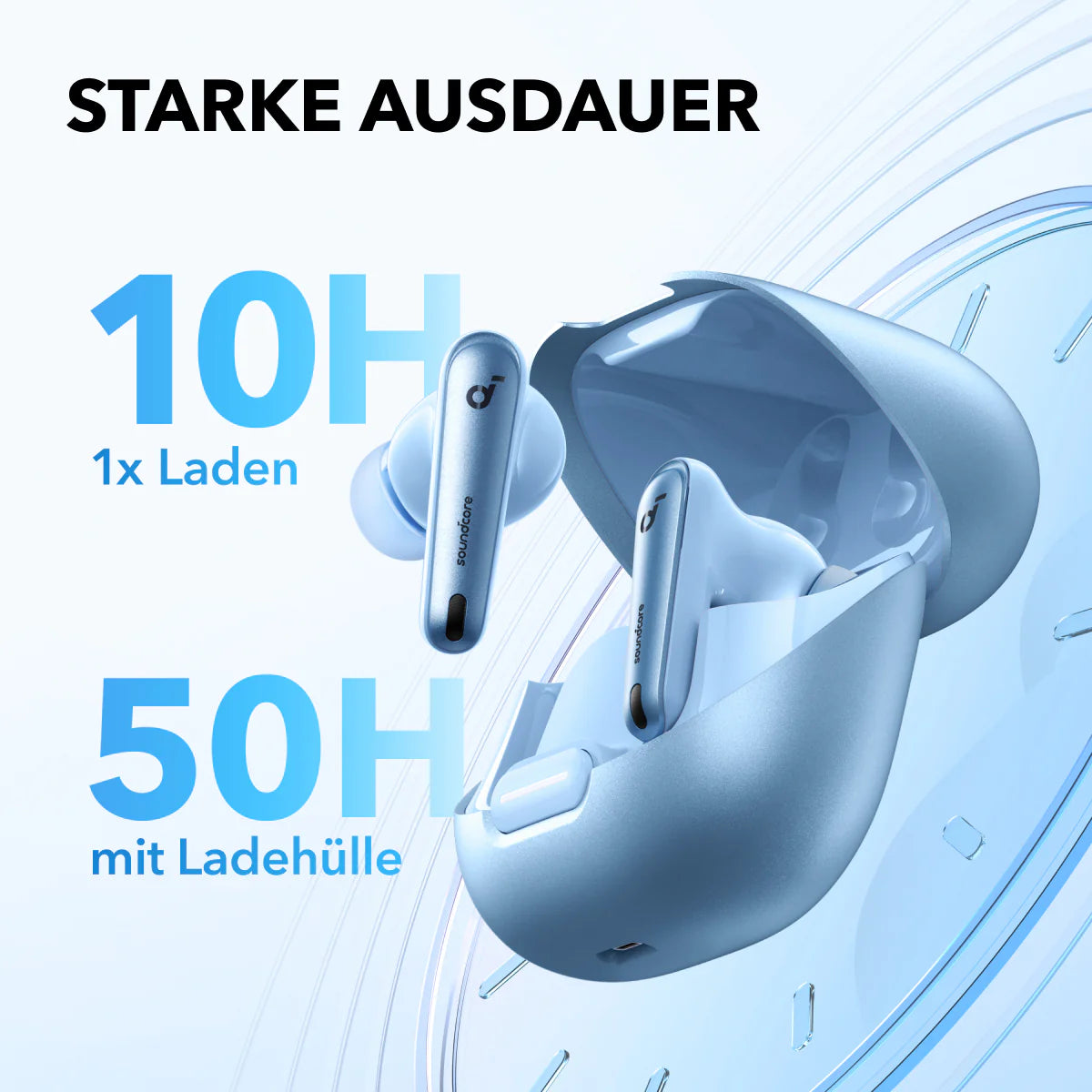 Ein hellblaues Ladecase mit zwei hellblauen kabellosen Ohrhörern. Der Text lautet 10H und 50H.